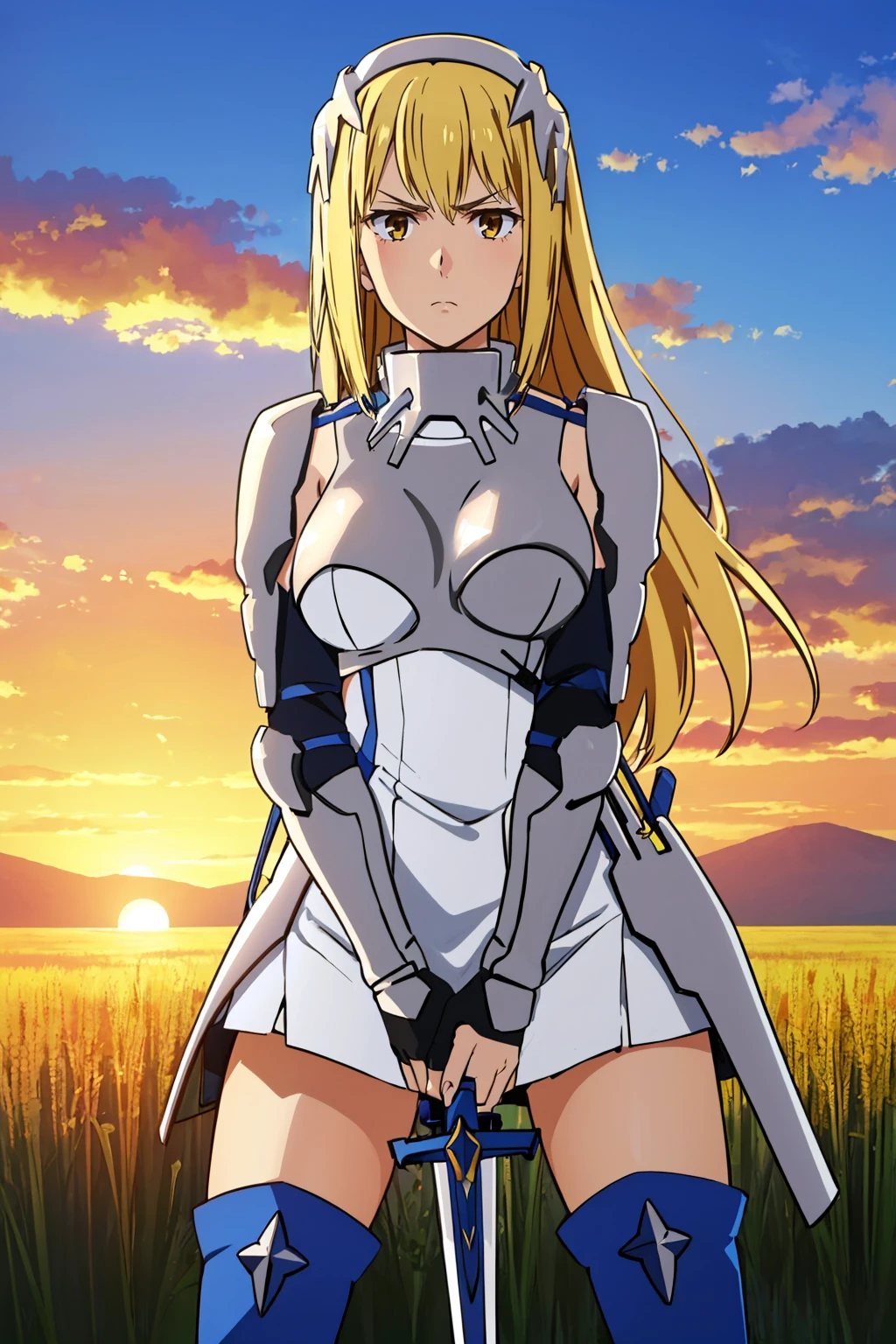 masterpiece, best quality, 1girl, <lora:aiswallenstein-nvwls-v1-000009:0.9> ais wallenstein, hairband, armored dress, gauntlets, black gloves, thigh boots, large breasts, furrowed brow, serious, looking at viewer, holding sword, sword, blue sky, sunset, field