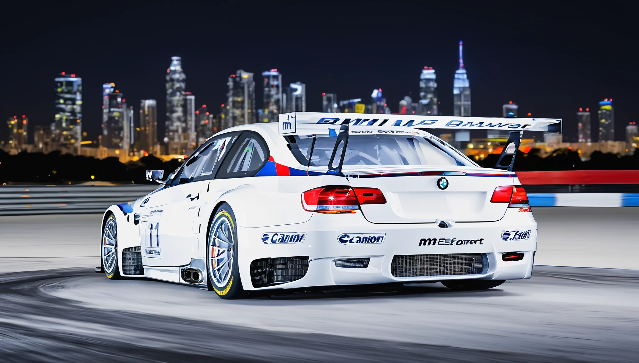 An epic digital print background featuring the iconic BMW M3 GT E92 amidst a dynamic cityscape at night, with neon-lit skyscrapers towering in the background and streaks of vibrant light trails from passing cars adding to the atmosphere of speed and excitement. The M3 GT E92 takes center stage, its sleek lines and aggressive stance highlighted by the pulsating glow of city lights, while a full moon casts an ethereal glow overhead. With every detail meticulously rendered in high definition, this background captures the essence of urban sophistication and exhilarating performance, making it the perfect backdrop for showcasing the legendary BMW M3 GT E92, cinematic lighting, multiple views, Wide-Angle, Ultra-Wide Angle, 135mm, f/1.8, Canon, UHD, retina, masterpiece, super detail, award winning, best quality, 4K