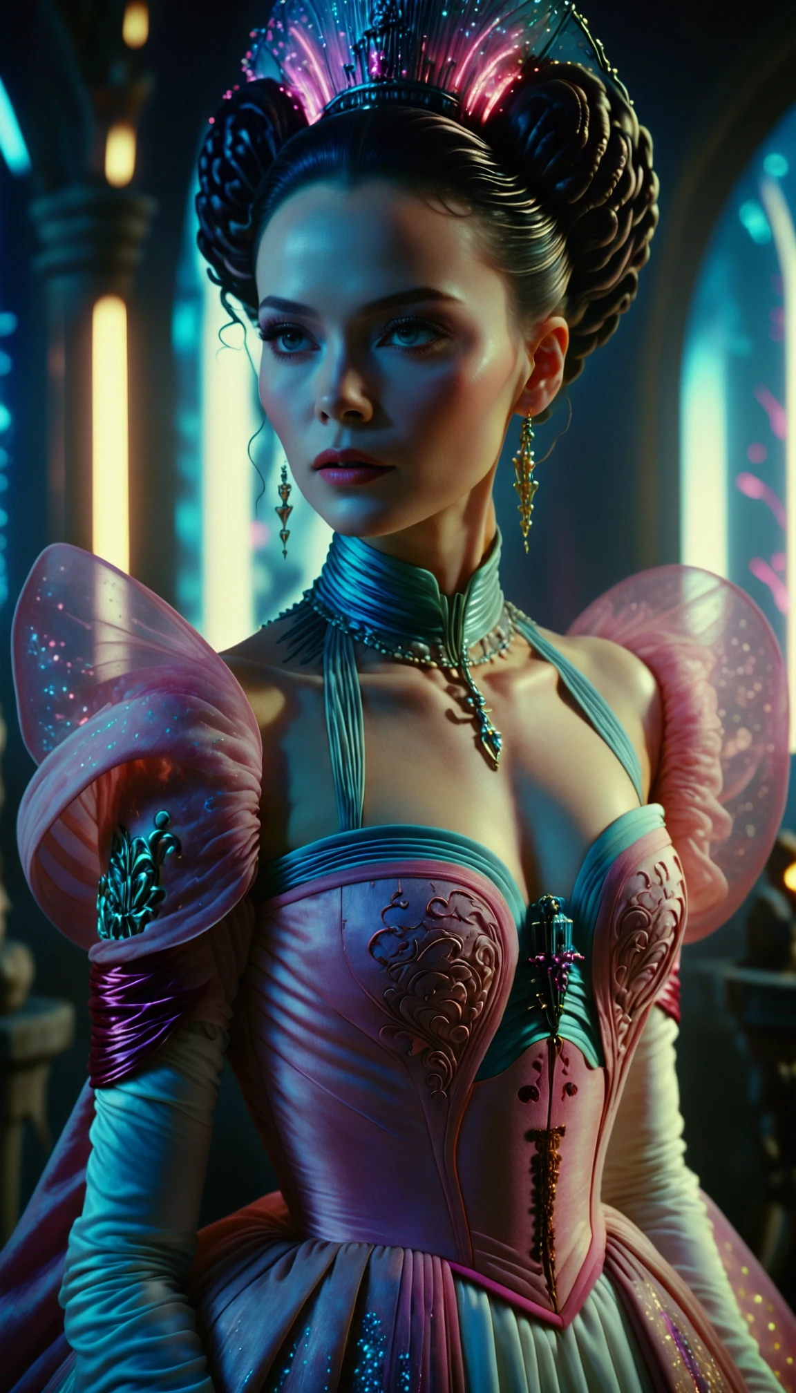 Baroque, Cyberpunk, Futuristic, breathtaking cinematic film still anime key visual, landscape of a woman in a sophisticated dress, josephine, balanced, harmonious, masterful, artistic, cinematic, photography, Foggy conditions, Masterpiece, Canon eos 5d mark 4, 50mm, dark pink and contrasting colors neon hue, drawing . shallow depth of field, vignette, highly detailed, high budget, bokeh, cinemascope, moody, epic, gorgeous, film grain, grainy . award-winning, professional, highly detailed