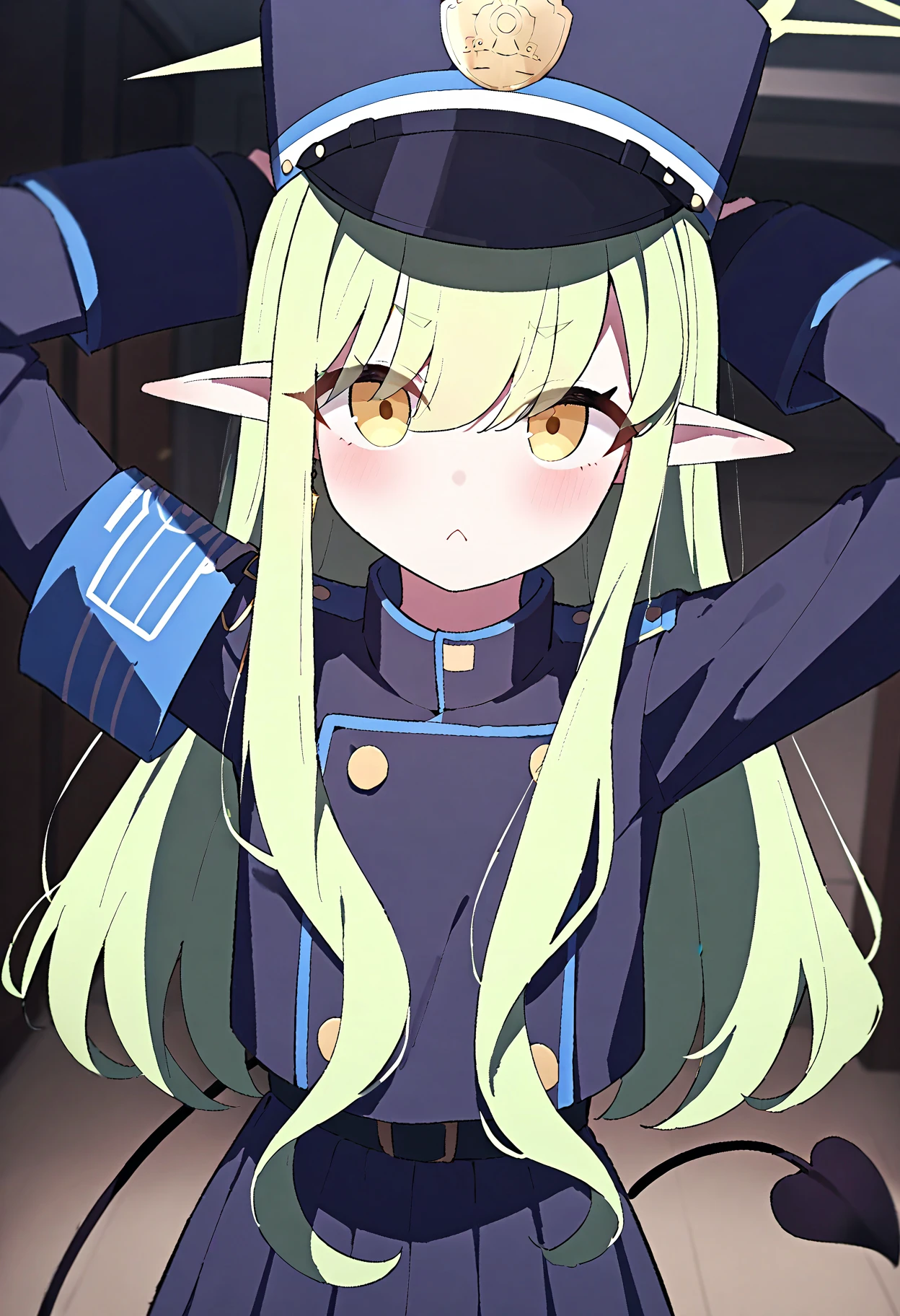 1girl, hikari \(blue archive\), blue archive, peaked cap, green hair, long hair, yellow eyes, pointy ears, demon tail, blue armband, blue uniform, upper body, straight-on, arms up, indoors, :(, single earring, arms behind back