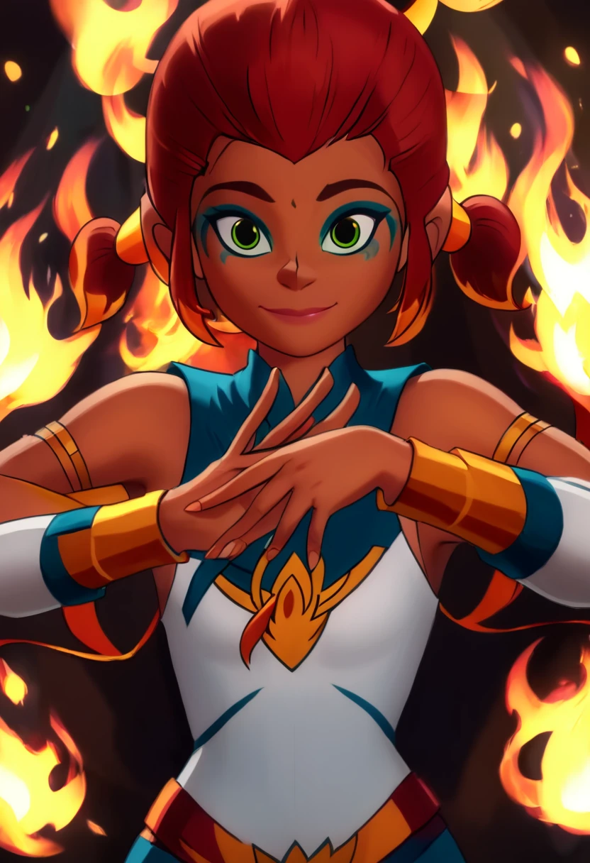 (best quality, masterpiece, absurdres, highres, ultra_detailed, dynamic angle:1.2), piper \(mysticons\) magic outfit <lora:mysticons_piper_magic_xl:1>, 1girl, own hands together, ribbons, (light smile:0.3), looking at viewer, glowing, elemental fire magic, cartoon, cartoon style, (intricate details, hyperdetailed:1.15), (ultrahigh resolution textures), bokeh, (rim lighting:1.3), high contrast, <lora:chainsawman_pose_makima_pony:1.4>