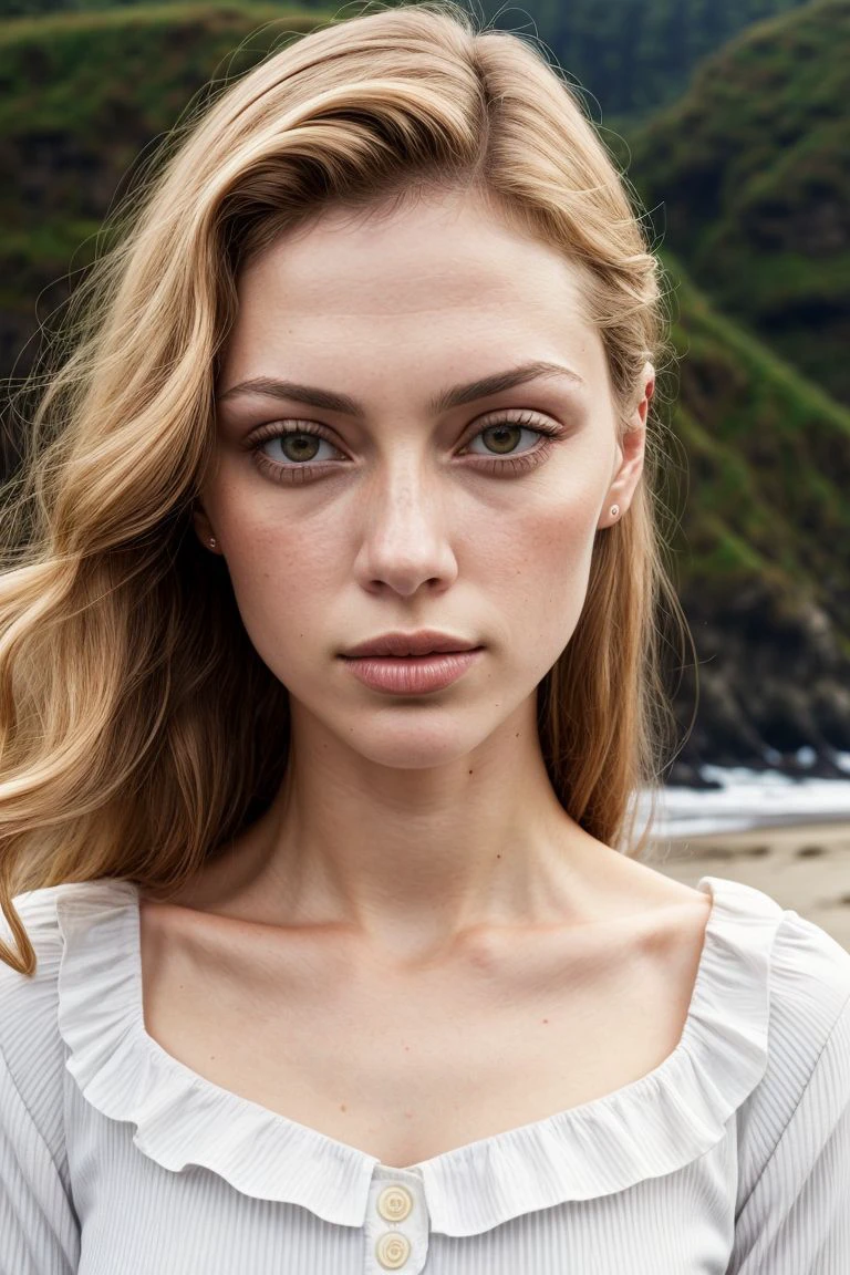 European woman, closeup, (shirt), pants, (oregon coast), (), ZM_anne, wide shoulders, perfect face, (contact iris: 1.1), pale skin, skin pores , depth of field