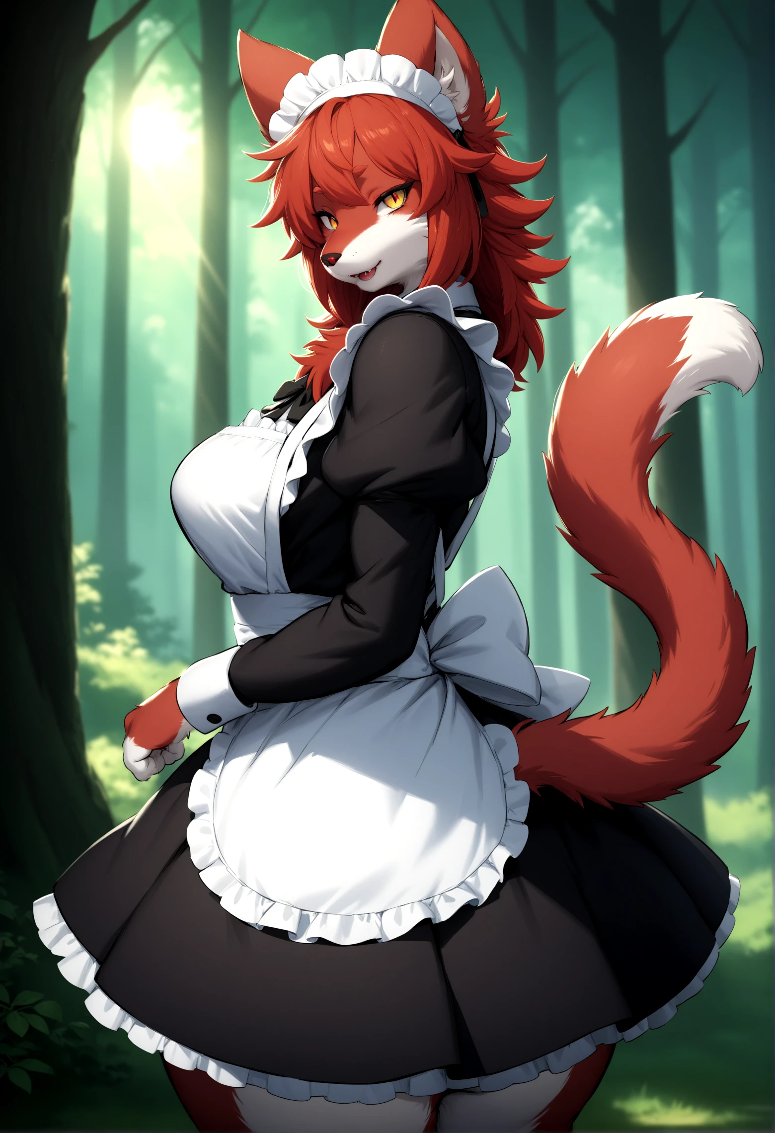 masterpiece, best quality, very aesthetic, ultra detailed, intricate details, 4k, anime style,
suurin, 1girl, solo, female anthro cat, cat ears, cat tail, cat girl, slit pupils, animal ears, tail, furry, furry female, red fur, red hair, body fur, fur, detailed fluffy fur, fur pattern, animal nose, snout, canine,
maid, maid headdress, maid apron, long sleeves, puffy sleeves, skirt, lace trim, lace,
standing, looking at viewer, cowboy shot, forest, outdoors, tree, sunlight, cloudy, <lora:Suurin_XL:1>