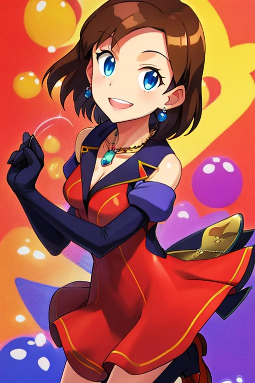 blue eyes, brown hair, smile, shoes, standing, gloves, dress, jewelry, <lora:1f7391a6-82e9-4193-b733-05cf78312adc:1.0>