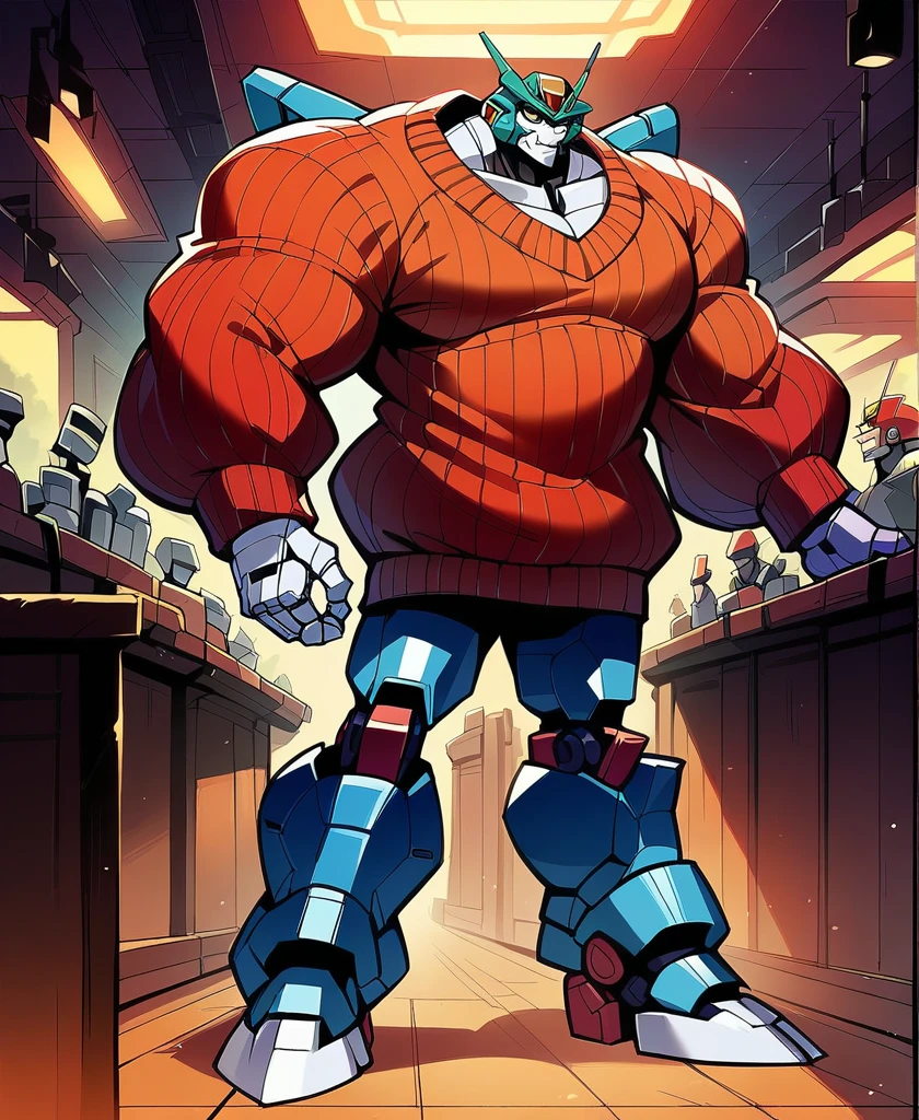 source_cartoon,disney style,a gundam wearing a long sweater and no pants and standing in a bar,sweater overhang,closed mouth, mecha,robot, score_9, score_8_up, score_7_up, score_6_up, score_5_up, score_4_up, rating_safe,