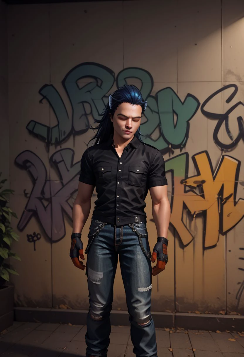 Tobias X'voor, 1boy, male focus, solo, long hair, shirt, black hair, gloves, blue hair, standing, jacket, closed eyes, short sleeves, belt, pants, black jacket, black shirt, plant, denim, jeans, leather, leather jacket, graffiti, PonyXLV6_Scores zPDXL