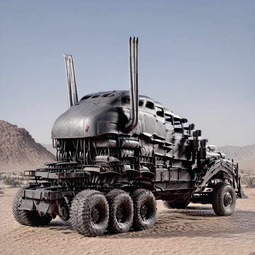 war rig, rat rod truck, exhaust pipes, wheels, motor vehicle, ground vehicle, vehicle focus, driving in desert, daytime, sunlight, 2.5d, back view, high contrast, highly detailed, award-winning photo, realistic, high contrast, volumetric lighting, global illumination, Cinematic, Cinematic Shot, Cinematic Lighting, Syd Mead Style,