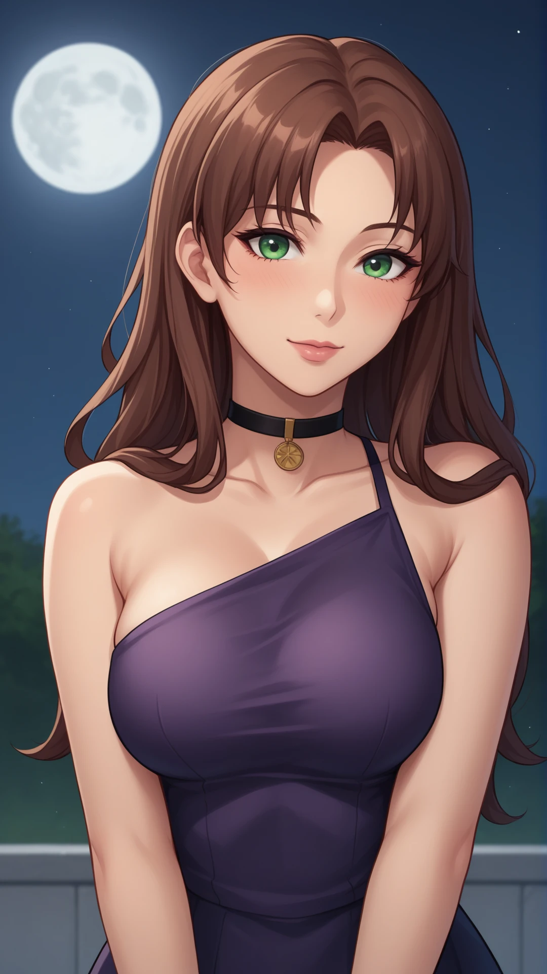 score_9, score_8_up, score_7_up, BREAK source_anime, best quality, masterpiece, ultra detailed,
<lora:Everlasting_Summer_Olga_by_GraffMetal V1:0.7>, olga, green eyes, brown hair, long hair, 1girl, solo, mature, fit body, skinny, medium breasts,
light smile, blush, choker, 
pink lips, black eyeliner cat eye, purple dress, black nails,
amazing background, looking at the camera, looking at the viewer, night, outside, moon, close, portrait,