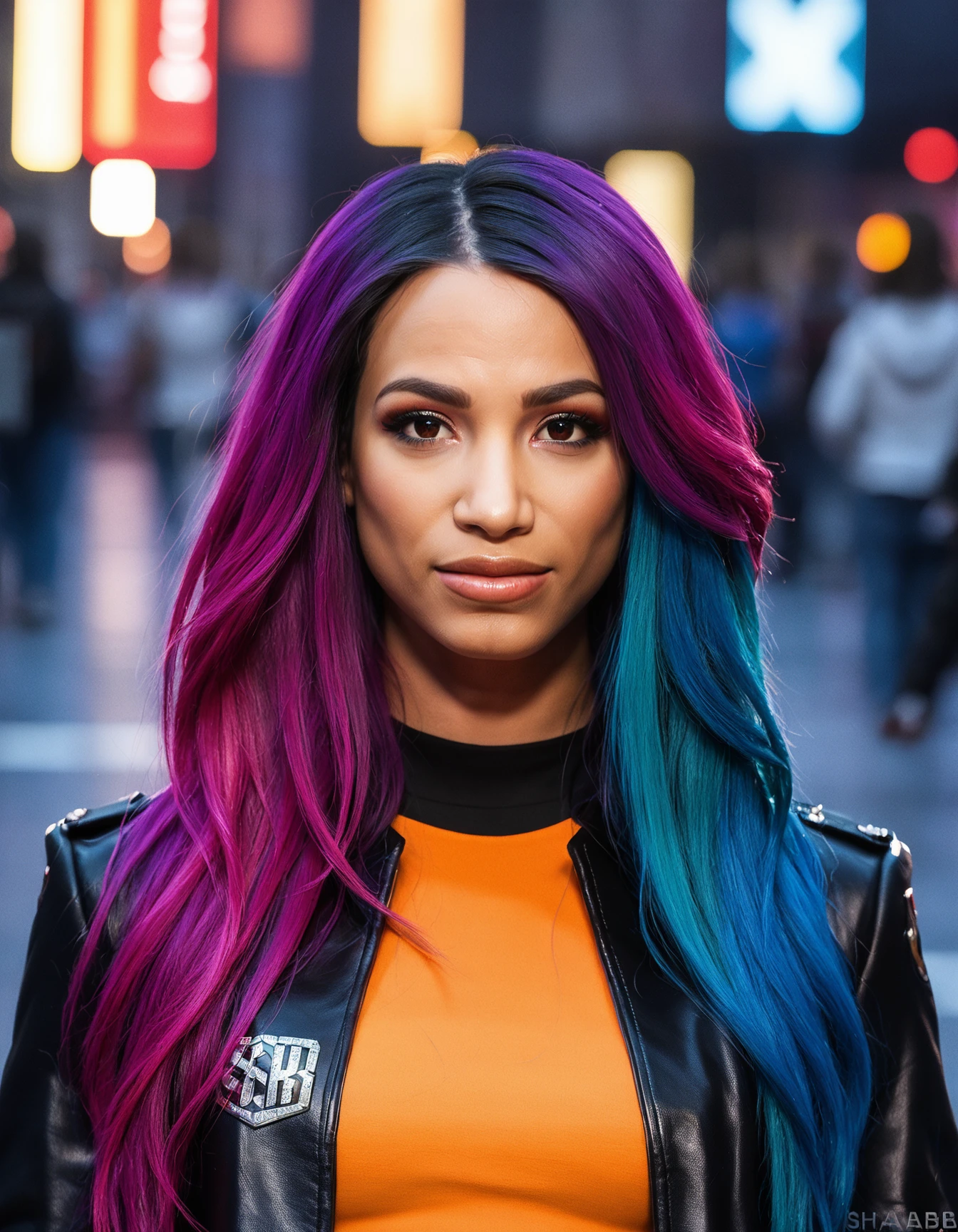 score_9, score_8_up, score_7_up, sashb woman, color hair, portrait, front view, upperbody closeup, walking in the street, wearing refined clothes, looking at the viewer,  <lora:Sasha-Banks_token_sashb_woman_r64_model_EverClear_v1:1>