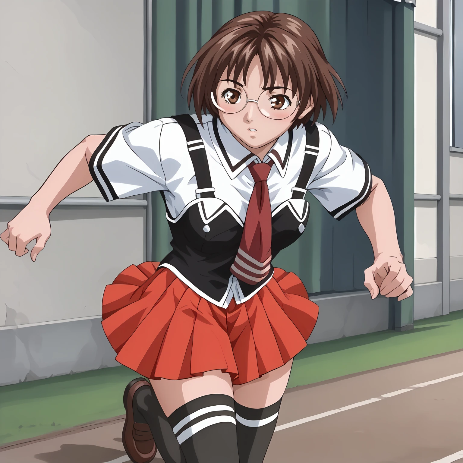 <lora:MiyukiNonogusaXLpony003>,parted lips,blush,
solo,
MiyukiNonogusa,1girl,brown hair,short hair,eyewear,brown eyes,
school uniform,white shirt,strap,vest,red tie,
red skirt,
thighhighs,
full body,running,