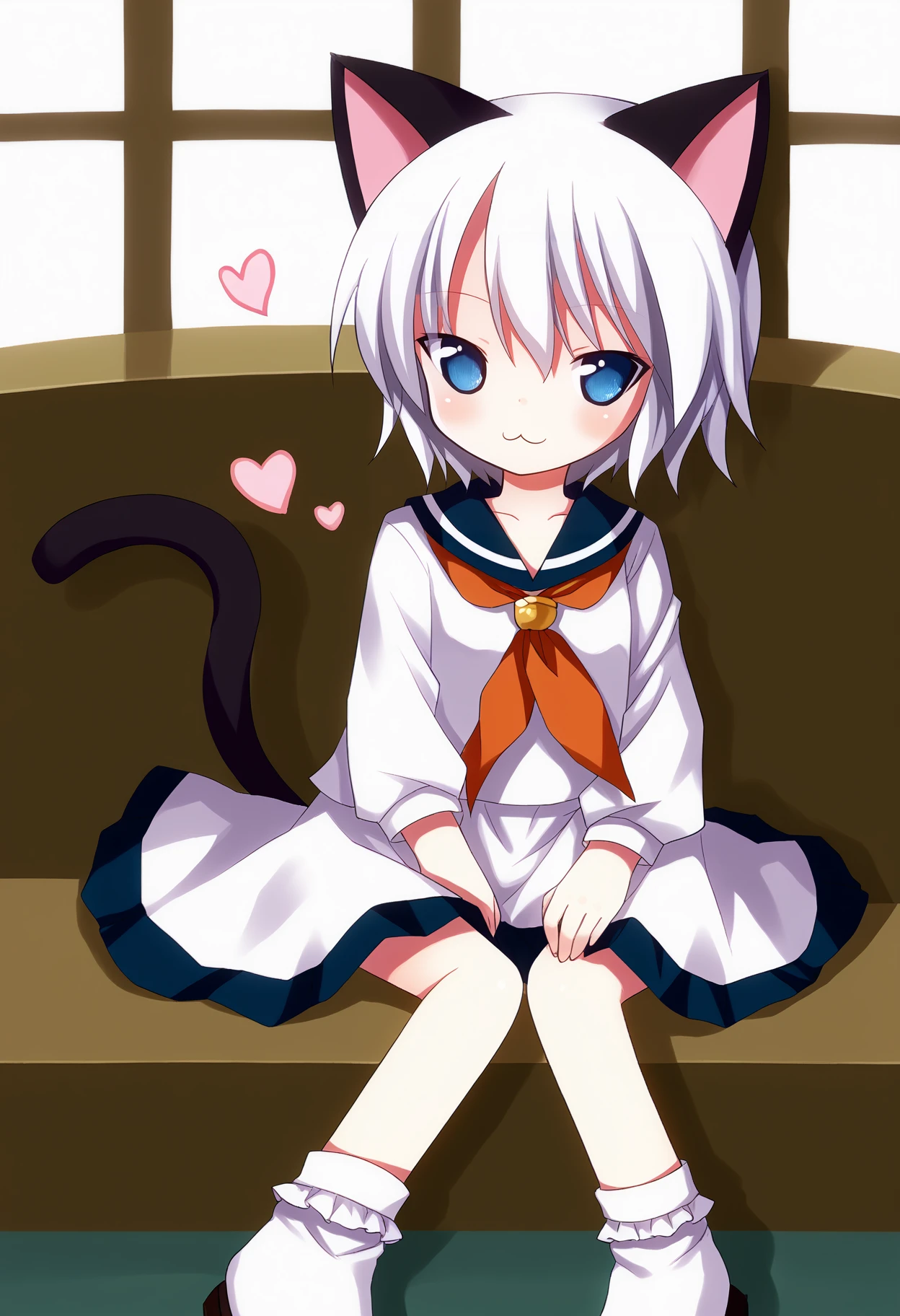 score_9, best quality, masterpiece, uncensored, source_anime
BREAK
1girl, solo, short hair, blue eyes, skirt, animal ears, sitting, tail, white hair, heart, socks, serafuku, cat ears, striped clothes, cat tail, :3, cat girl, 
<lora:kiira_pony_v1:1> <lora:Touhou_pony:1>