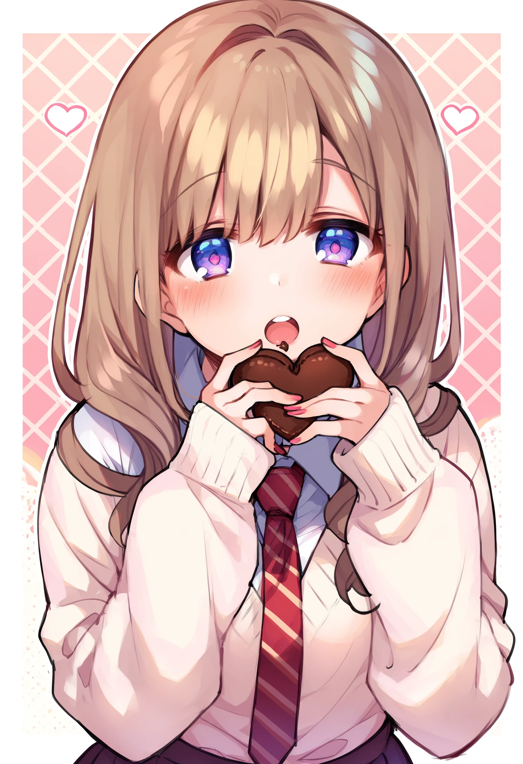 <lora:Pony_Style1052442604v2-000210:0.8>, score_9, score_8_up, score_7_up, score_6_up, score_5_up, score_4_up, 1girl, solo, chocolate, open mouth, long hair, looking at viewer, necktie, nail polish, blush, food, candy, holding, upper body, long sleeves, heart, valentine, shirt, red necktie, bangs, school uniform, sweater, holding food, striped necktie, sleeves past wrists, teeth, upper teeth only, blue eyes, white shirt, collared shirt, striped, purple eyes, heart-shaped chocolate, hand on own face, brown hair, blonde hair, hand on own cheek