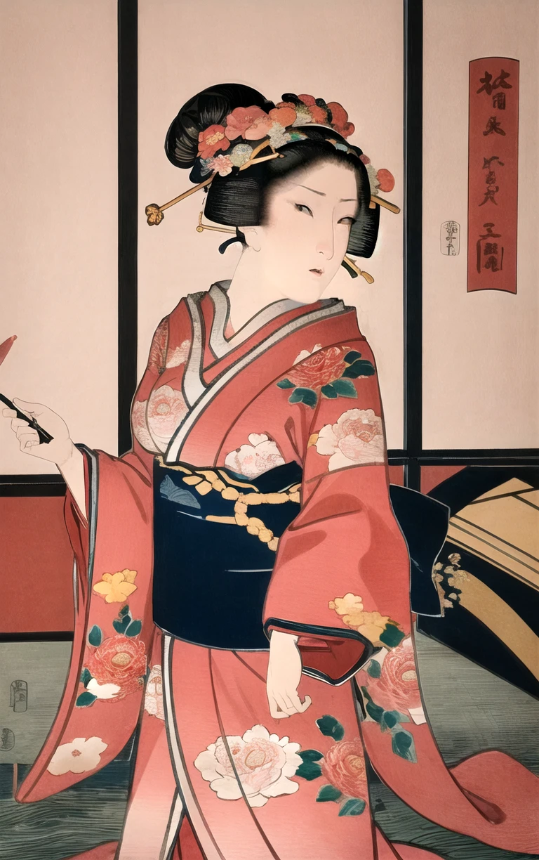 masterpiece, best quality, highres, focused, looking at viewer, solo, cowboy shot, east asian architecture, 
 artstyle_kunisada_ownwaifu, 1girl, black hair, fine art parody, kimono, hair ornament, long sleeves, sash, flower, sitting, obi, updo, floral print, flower, hair bun, 
<lora:ARTSTYLE_Kunisada_ownwaifu:0.8>