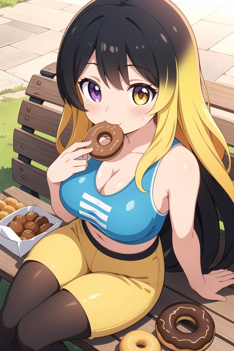 Tools used : a1111, depth midas (0.5), krita || Keywords : 1 girl, young, cute, (oily skin), (shiny body), (slender, lean, thin legs), black tights, yellow shortpants, croptop, low-cut, large breasts, black and yellow hair, (gradient hair:1.25), sitting on a bench, eating donuts, donuts bag, natural park
