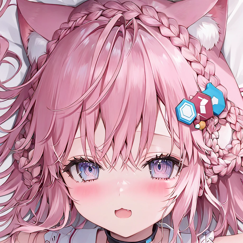 1girl, animal ears, bangs, blush, braid, cat ears, close-up, crown braid, dakimakura \(medium\), eyebrows visible through hair, hair between eyes, hair ornament, looking at viewer, open mouth, pink hair, solo, virtual youtuber,<lora:momoko face XL-v1:1>