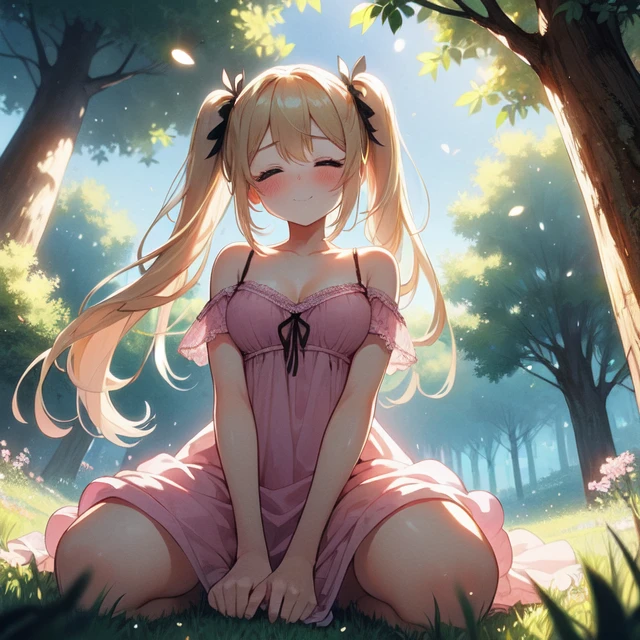 (((masterpiece))), (((best quality))), (((from below))), (((tree frame))), (((round frame))), (( silhouette)), closed eyes, smile, see through, ligth pink sundress, spaghetti strap, bare shoulders, floating hair, wind, grass, clouds, flowers, sunbeam, blue sky, fallen leaves, bokeh, backlighting, twilight, light rays, tyndall effect, solo, ((1girl at indoor)), kneeling, blonde twintails, long hair, ribbon, cleavage, medium breasts, sweat, shy, blush, slim figure, <lora:girlliketreeframe:0.9>