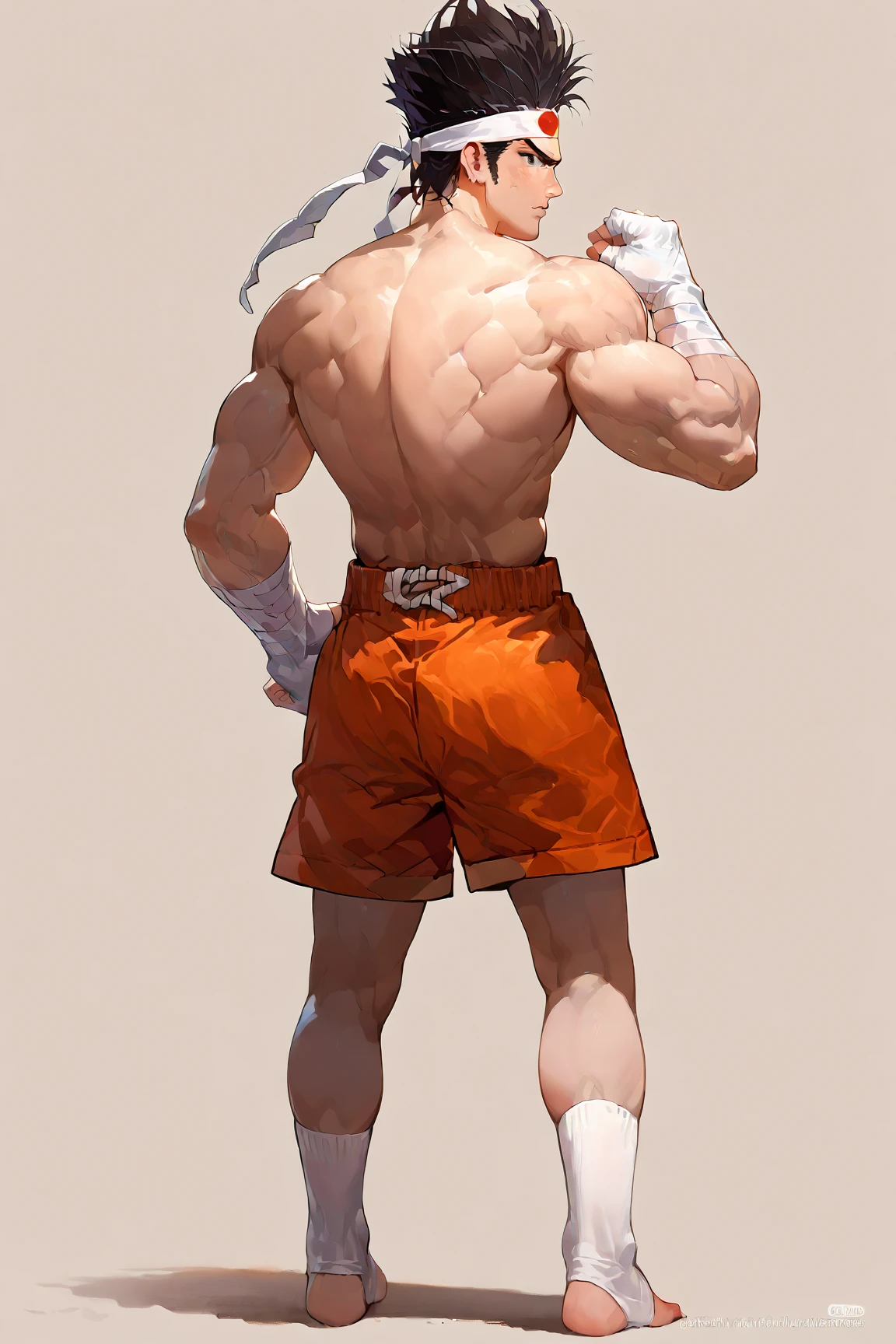 (source_anime, score_9, score_8_up, score_7_up:1),(source_anime, score_9, score_8_up, score_7_up:1), orange shorts, white hands wrap, 1guy, male, (headband), at the beach, view from back, pulling down shorts, and showing butt, ,score_9,JoeHigashi, black hair, ((full body)), brown fighting socks, looking to viewer, muscular legs<lora:EMS-359015-EMS:1.000000>, <lora:EMS-290327-EMS:1.000000>