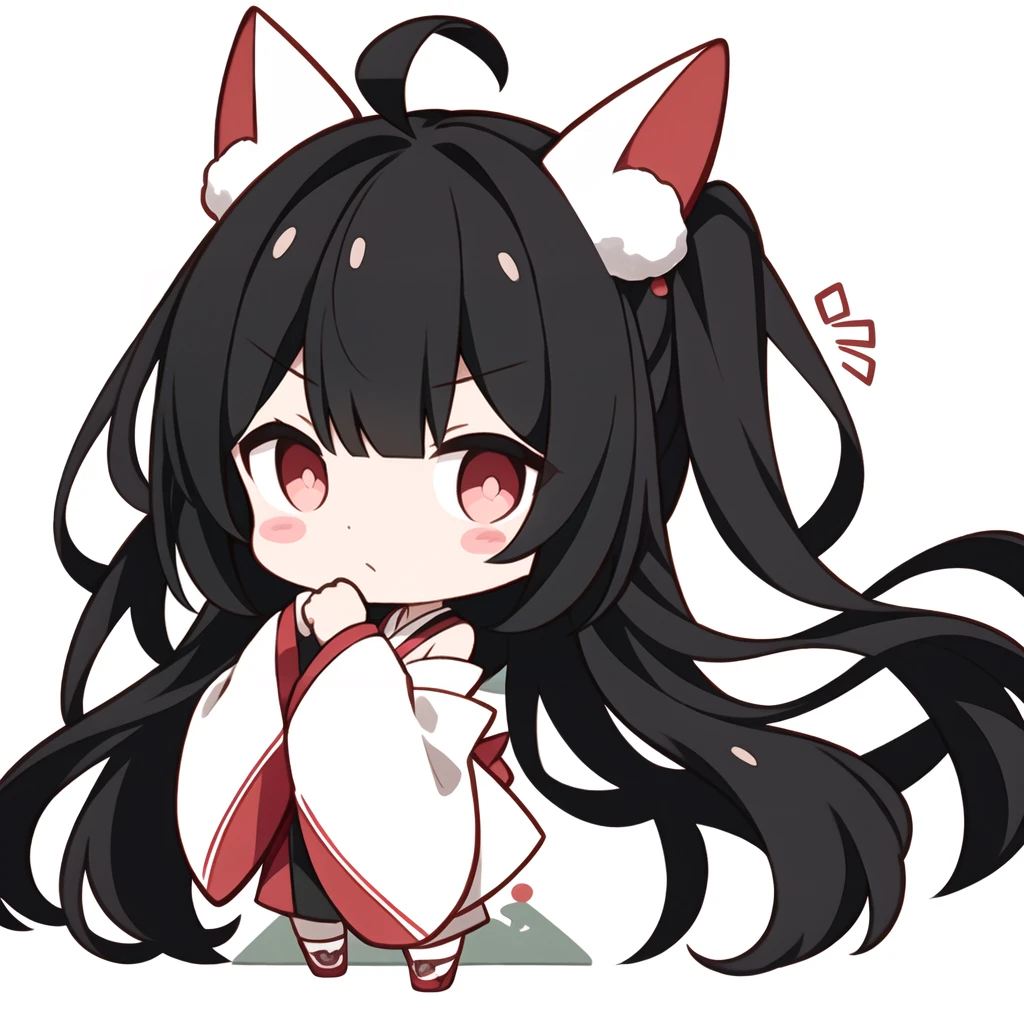 <lora:Ertouqchibi_20240428100010-000017:0.5>,Ertouqchibi,1girl,solo,chibi,ahoge,long hair,red eyes,black hair,long sleeves,wide sleeves,halo,very long hair,thick eyebrows,bell,short eyebrows,white background,bangs,jingle bell,closed mouth,socks,white socks,full body,looking at viewer,hair ornament,sleeves past wrists,japanese clothes,blush stickers,white kimono,rope,sleeves past fingers,detached sleeves,bare shoulders,blush,