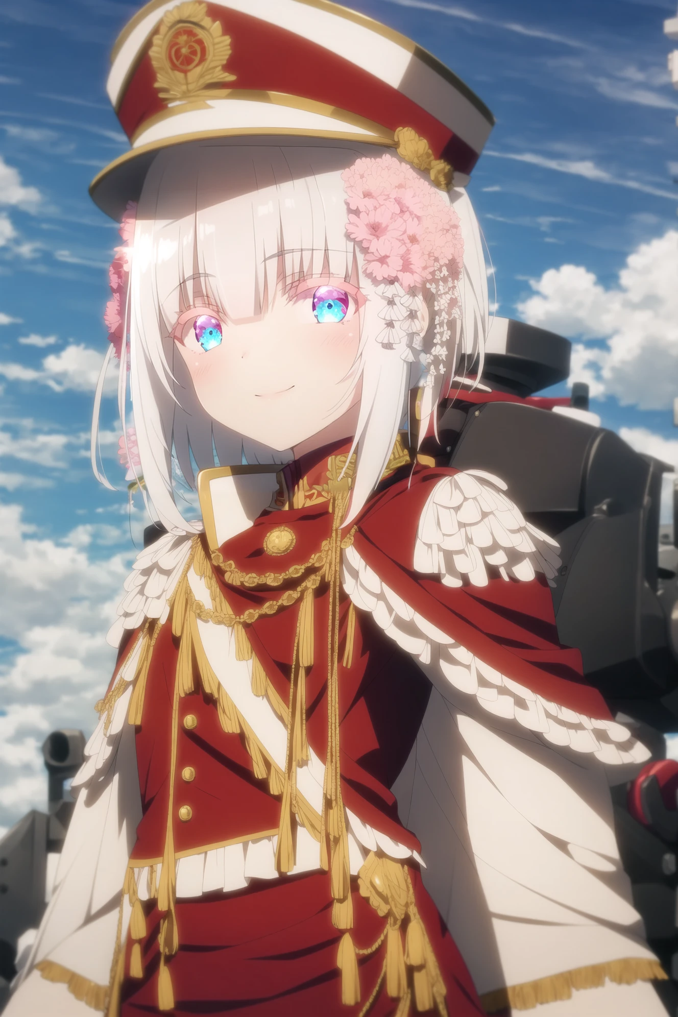 masterpiece, best quality, 1girl, solo, looking at viewer, blush, smile, short hair, bangs, blue eyes, hair ornament, gloves, long sleeves, hat, holding, hair between eyes, closed mouth, jacket, upper body, weapon, flower, white hair, outdoors, sky, solo focus, black gloves, cloud, hair flower, pink eyes, cape, uniform, sash, military, military uniform, capelet, glowing, white headwear, white jacket, cloudy sky, peaked cap, glowing eyes, red jacket, pink flower, epaulettes, military hat, cannon, red cape, red capelet, aiguillette