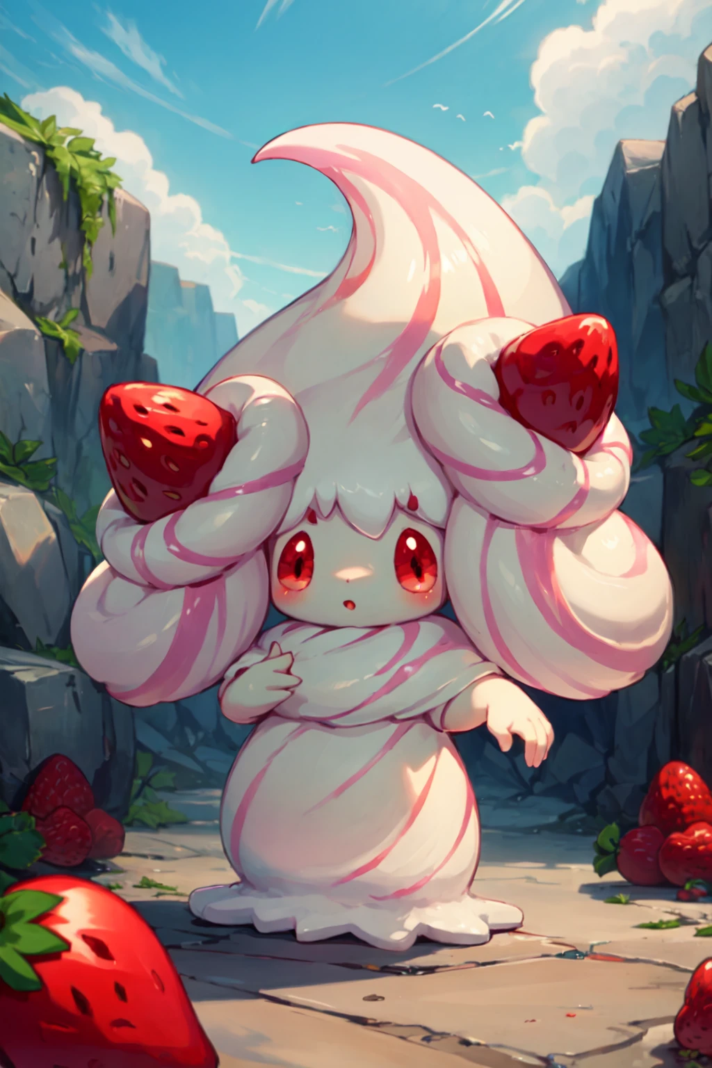 alcremie, pokemon \(creature\), solo, strawberry, red eyes, standing, outdoors
 <lora:KitsuneAi-Alcremie-LoCon32-V1:1>