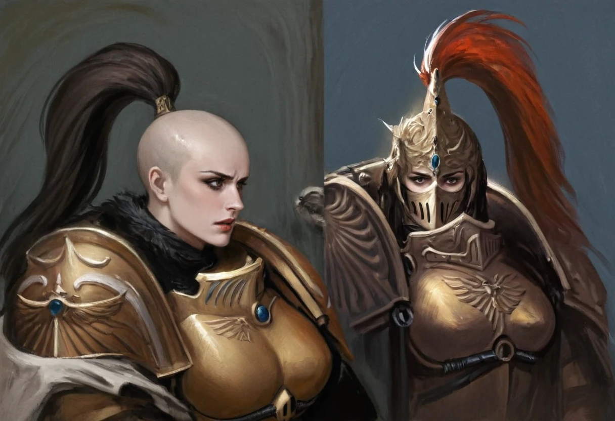 2girls, painting, painterly \(style\), 
On the right is a Sister of Silence wearing ornate golden power armor, she is bald with a long black ponytail, disgust.
BREAK
On the left is a female custode from the Adeptus custodes, she is wearing golden power armor and enclosed helmet with a red plume. The female custode is much taller than the sister of silence.
BREAK
strong contrast between light and dark, chiaroscuro, oil on canvas, brushstrokes, expressive, portrait, still life, extremely detailed, gritty, grimdark, looking at another, eye contact, face to face.
<lora:Sisters-of-Silence-000008:1>,  <lora:custodians-10:1>