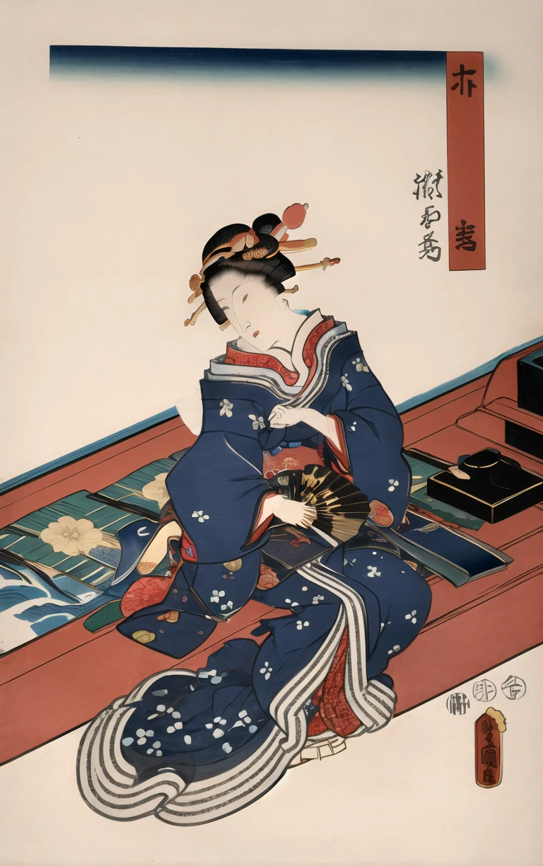 ((masterpiece, best quality)), insaneres, absurdres, solo,
ARTSTYLE_Kunisada_ownwaifu, fine art parody, japanese clothes, 1girl, blue kimono, boat, watercraft, comb, black hair, hair ornament, hair stick, kanzashi, traditional media, hand fan
(from above, sitting)<lora:ARTSTYLE_Kunisada_ownwaifu:0.9>,
looking at viewer,