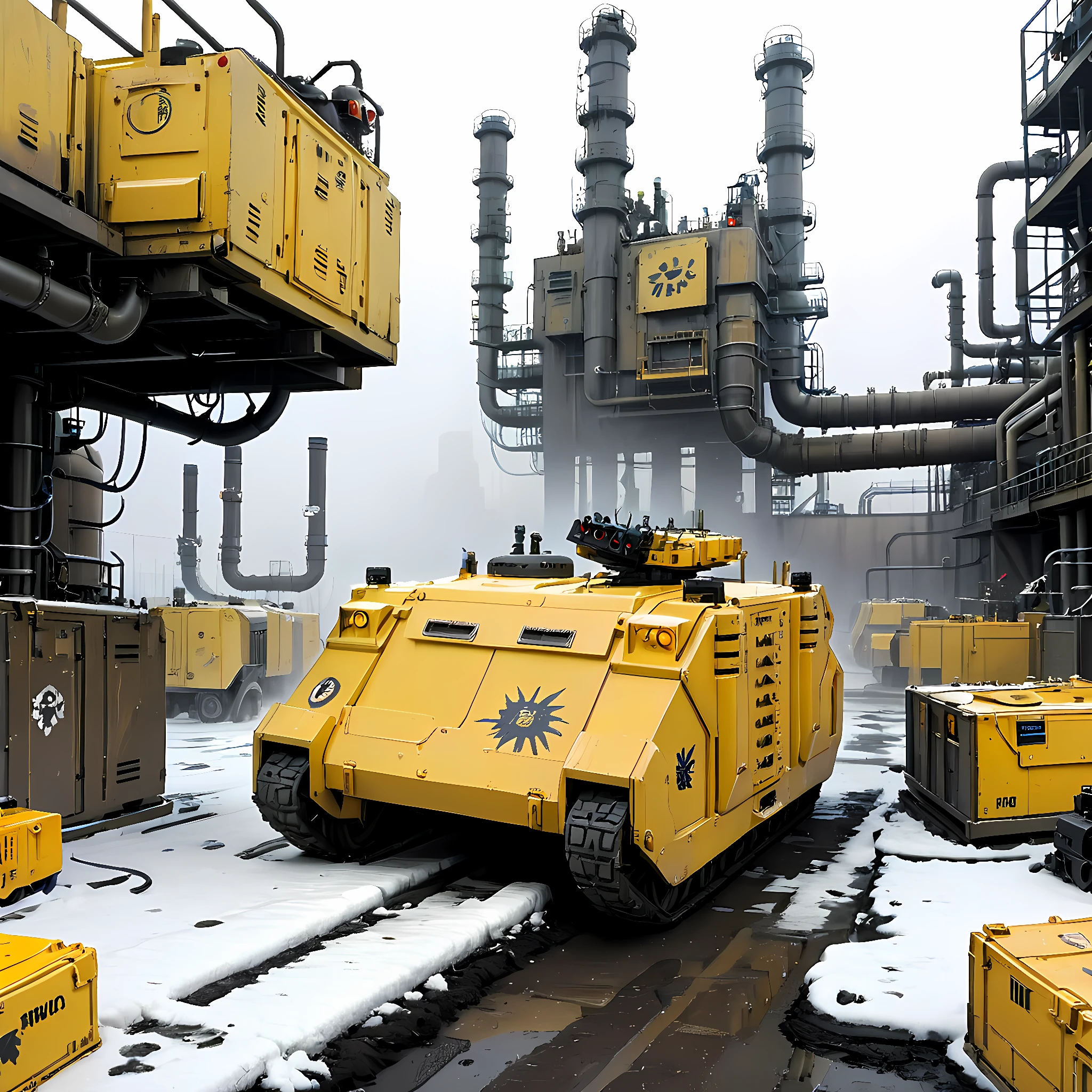 a yellow tank in a oil refinery, rhnoapc, military vehicle, ground vehicle, ice, filth, oil, industrial, pipes, ducts, metal, crates, smog,