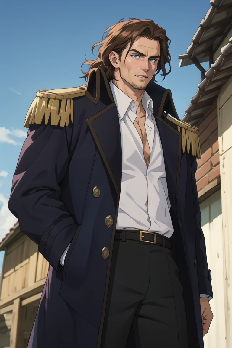 solo male, Graf Granat \(Frieren: Beyond Journey's End\), brown hair, hair parted to one side, facial hair, stubble, blue eyes, sanpaku, white collared shirt, black pants, matching boots. dark blue coat, open coat, coat over shoulders, gold epaulettes, mature, handsome, charming, alluring, standing, upper body, perfect anatomy, perfect proportions, best quality, masterpiece, high_resolution, dutch angle, cowboy shot, photo background, palace<lora:EMS-359704-EMS:0.800000>, <lora:EMS-498-EMS:0.800000>