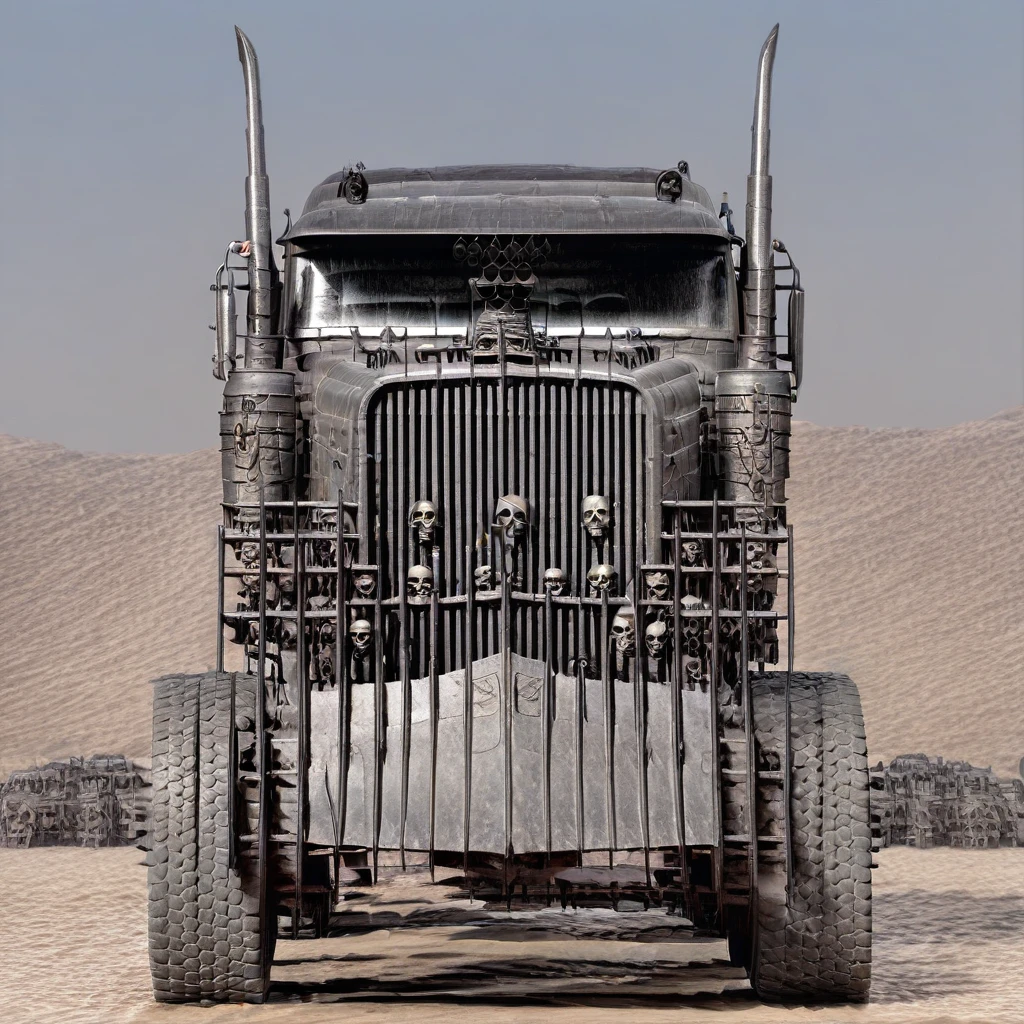 war rig, rat rod truck, exhaust pipes, cowcatcher plough, skulls, wheels, motor vehicle, ground vehicle, vehicle focus, driving in desert, daytime, sunlight, 2.5d, front view, high contrast, highly detailed, award-winning photo, realistic, high contrast, volumetric lighting, global illumination, Cinematic, Cinematic Shot, Cinematic Lighting, Syd Mead Style,