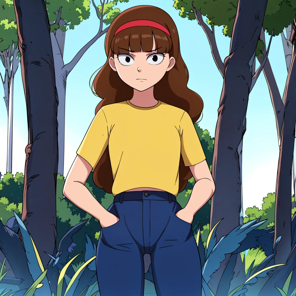 1girl, solo, morticia, brown hair, long hair, black eyes, yellow shirt, headband, blunt bangs, blue pants, hands in pockets,   <lora:Morticia_RickMorty_Leaf1:0.8>, cowboy shot, forest, looking at viewer,