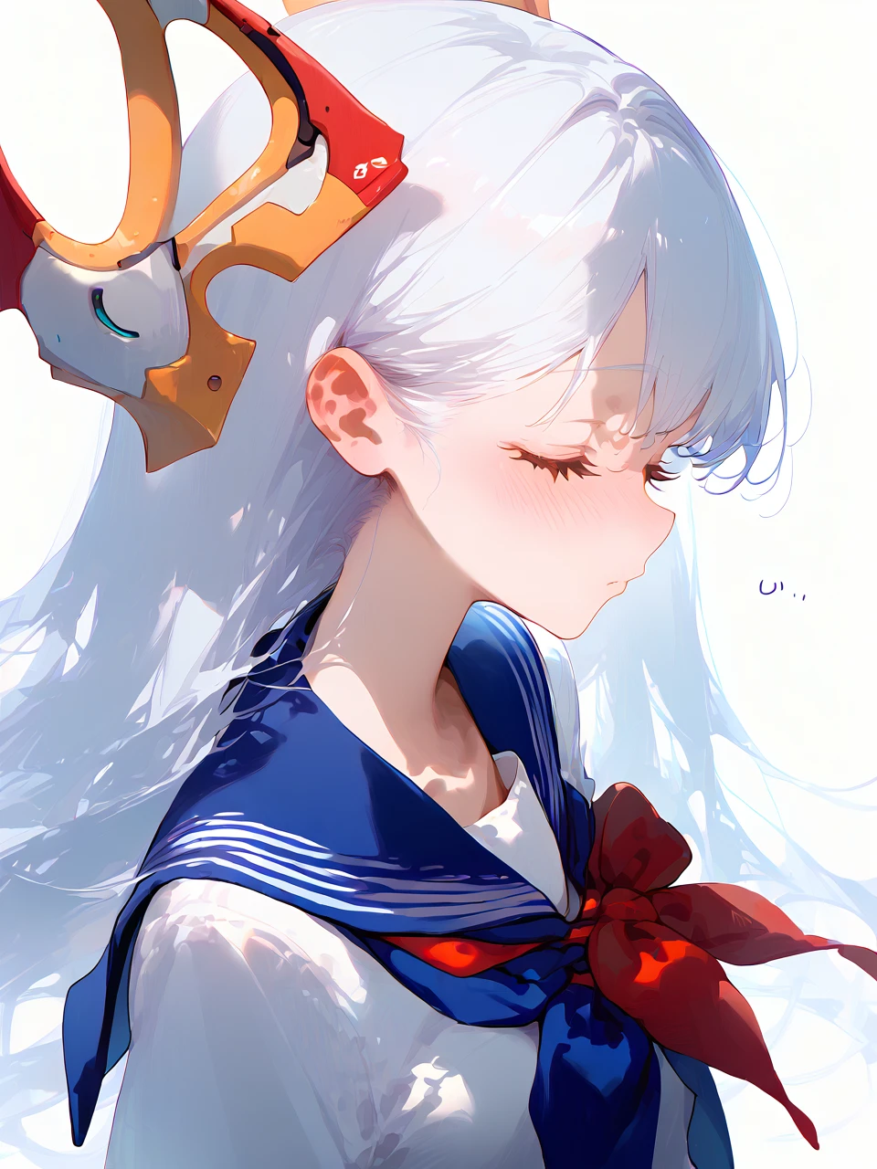 1girl,
score_9, score_8_up, score_7_up, solo, white hair, blush, headgear, long hair, school uniform, simple background, white background, closed eyes, serafuku