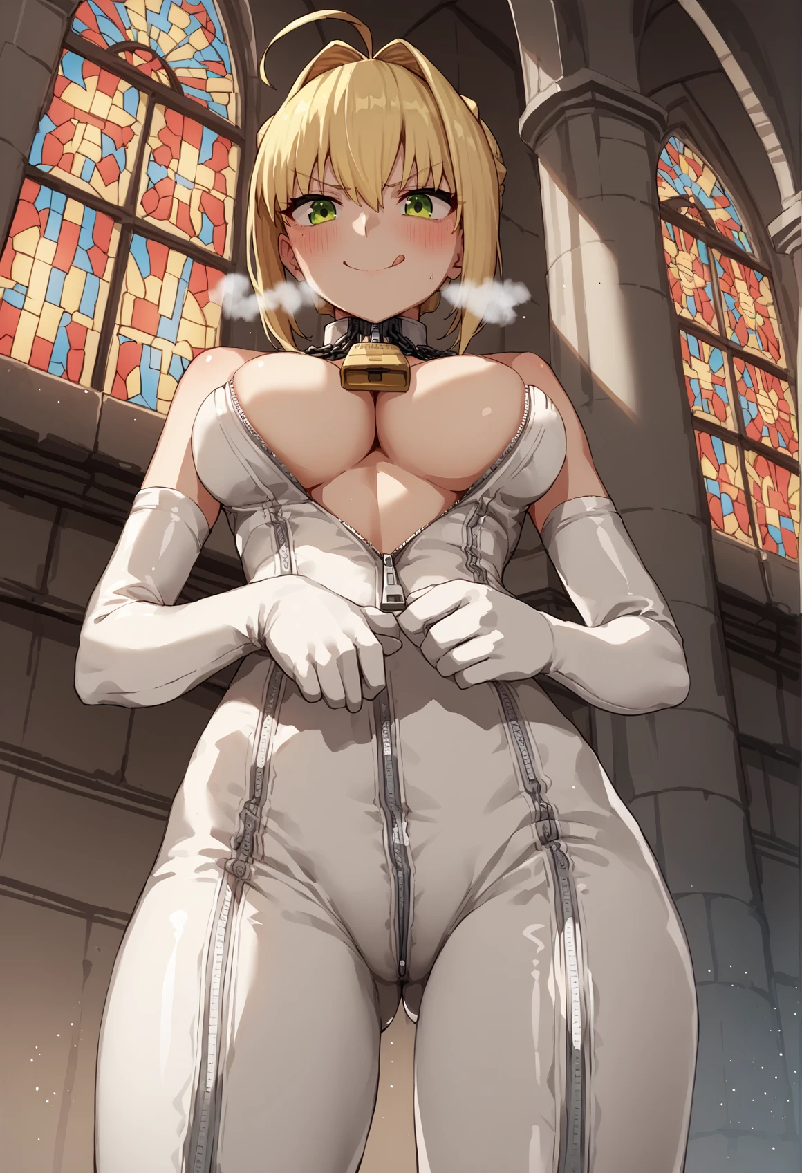 1girl, blonde hair, french braid, single hair bun, green eyes, ahoge, full bodysuit, pants, white bodysuit, elbow gloves, zippers, padlock, chain, unzipping, evil smile, :p, tongue out, heavy breathing, blushing, from below  breasts, indoors, church, cleavage <lora:Mochiron_yo_da_yo:1>, score_9, score_8_up, score_7_up, score_6_up, score_5_up, score_4_up, BREAK source_anime, masterpiece