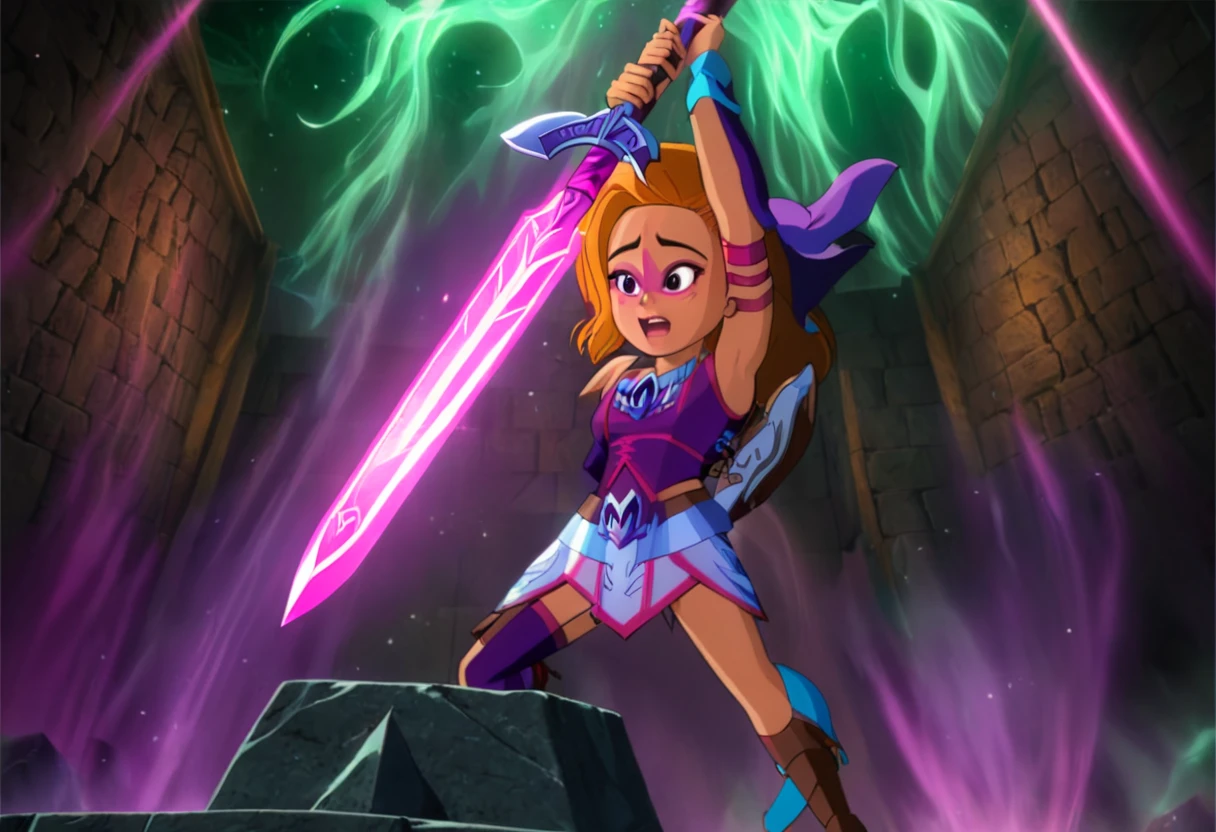 (best quality, masterpiece, absurdres, highres, ultra_detailed, dynamic angle:1.2), emerald \(mysticons\) magic outfit <lora:mysticons_emerald_magic_xl:1>, 1girl, open mouth, hoding a (fantasy pink glowing sword with both hands), shield in the back, standing, in a dungeon tower, cyan glowing fog, cartoon, cartoon style, (intricate details, hyperdetailed:1.15), (ultrahigh resolution textures), bokeh, contrapposto, (volumetric, cinematic) lighting