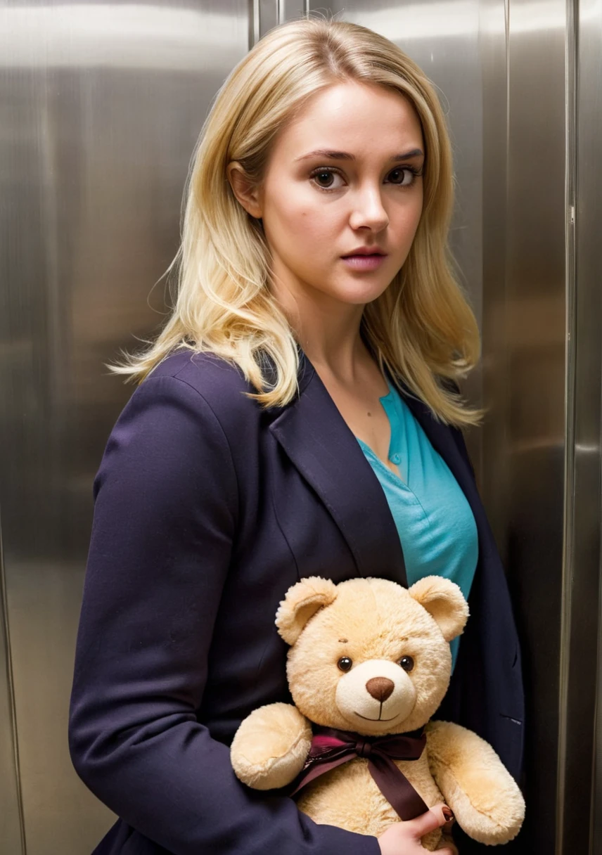 <lora:sh4l3n3w00d-000007:0.8>,(((woman with the face of sh4l3n3w00d and blonde hair to the shoulder in in elevator with a teddy bear in both hands ready to fight))),, HDR10,8k hdr,RAW,remarkable color,raytracing,subsurface scattering,hyperrealistic,extreme skin details,skin pores,deep shadows,contrast,well lit,