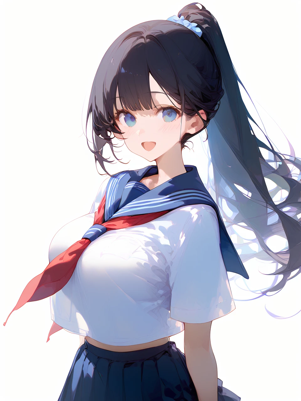 1girl, 
score_9, score_8_up, score_7_up, simple background, long hair, skirt, blue eyes, pleated skirt, smile, breasts, school uniform, :d, looking at viewer, blush, solo, open mouth, black hair, large breasts, white background, ponytail, serafuku