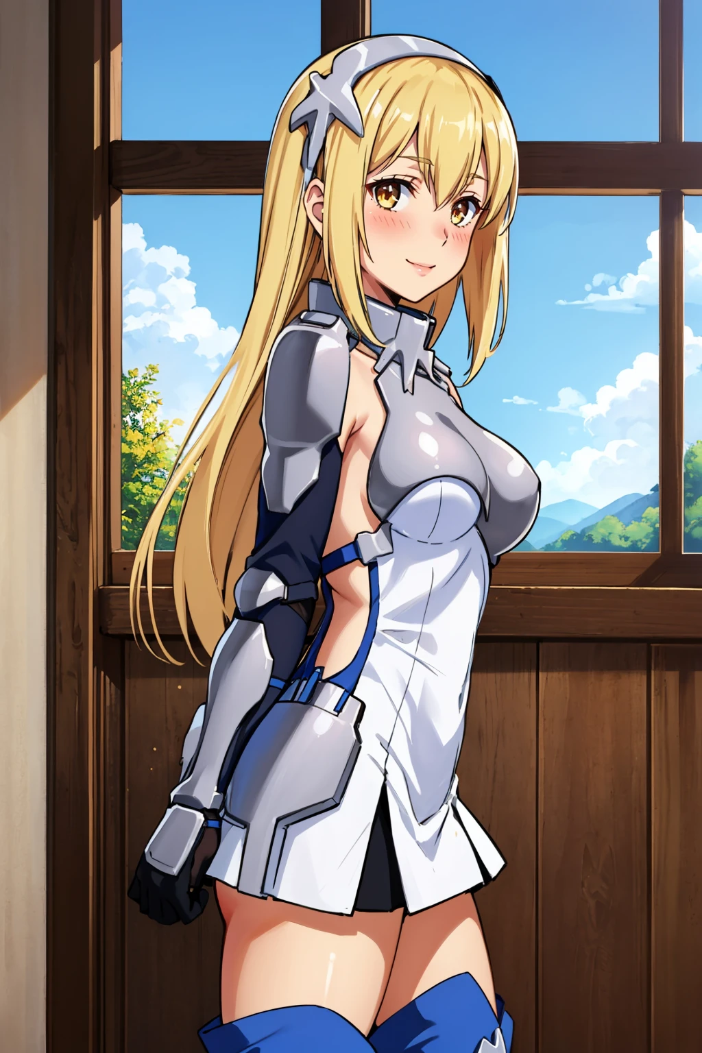 masterpiece, best quality, 1girl, <lora:aiswallenstein-nvwls-v1-000009:0.9> ais wallenstein, hairband, armored dress, gauntlets, black gloves, thigh boots, large breasts, smile, blush, hand to own chest, window, blue sky, indoors, looking at viewer, from side