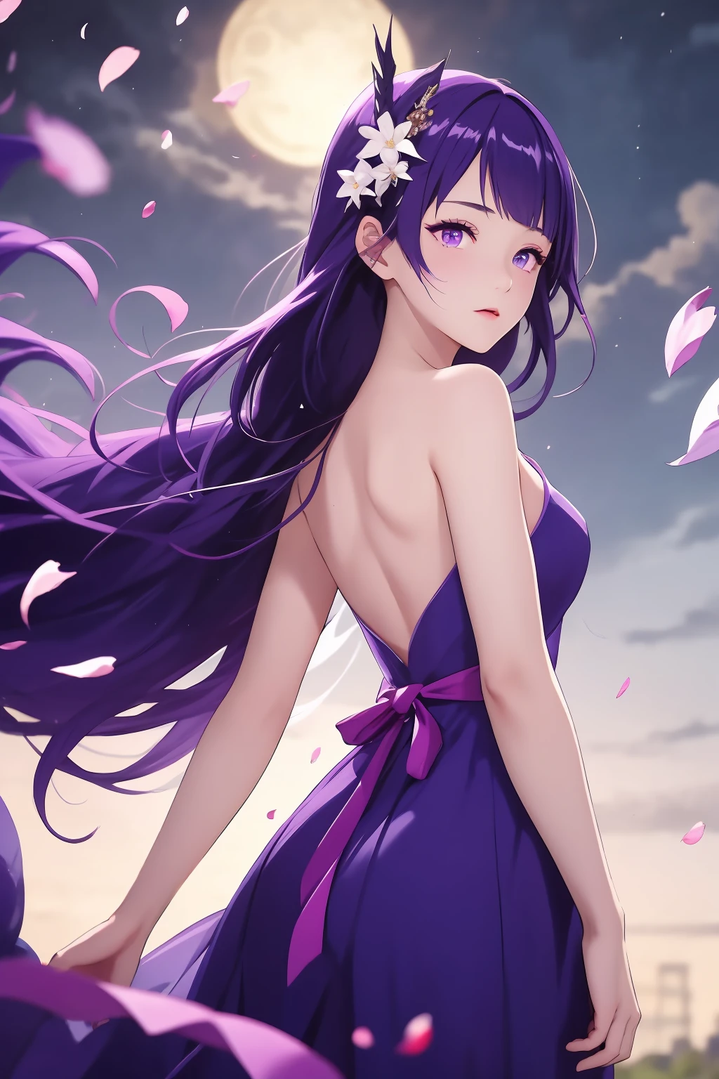 masterpiece,1girl,long hair,braid,purple eyes,bangs,purple hair,(evening_gown:1.2),looking at viewer,hair ornament,from behind,standing,<lora:lbc_yayi0427:0.7>,((breeze)), flying splashes, flying petals, wind,