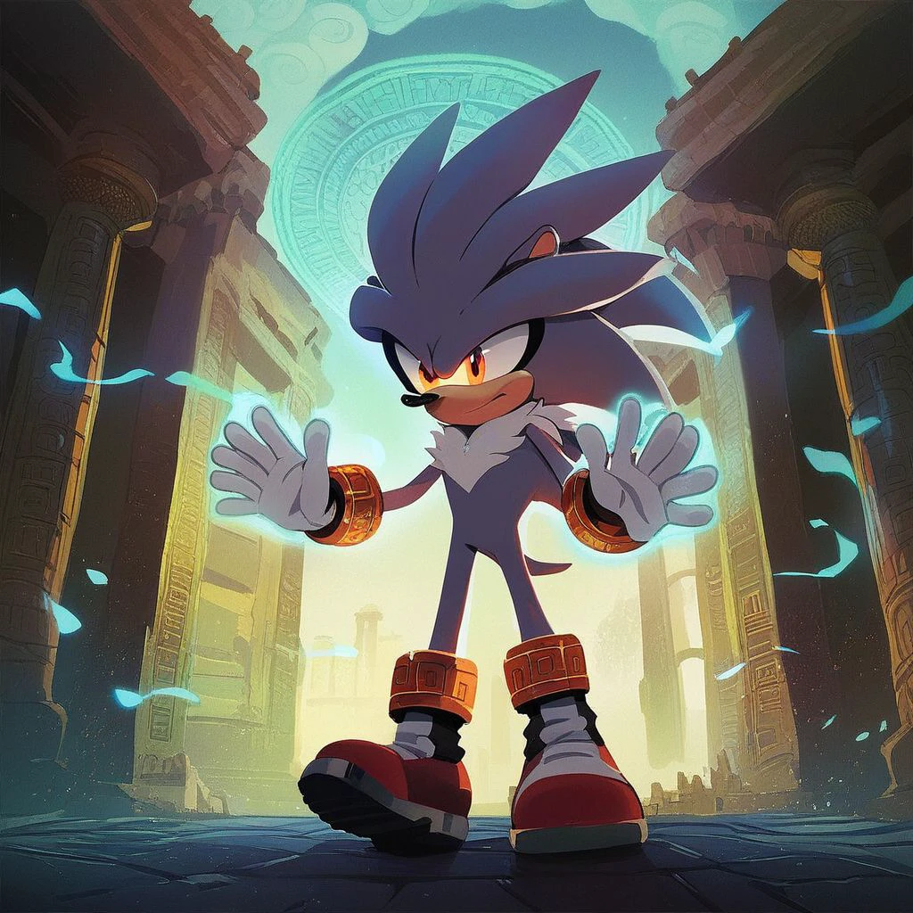 score_9, score_8_up, score_7_up, score_6_up, score_5_up, score_4_up, 1boy, silver the hedgehog, full body, standing, temple background, aztec temple, hands up, glowing, aura, intricate details, detailed eyes, glowing, aura, from below, full shot