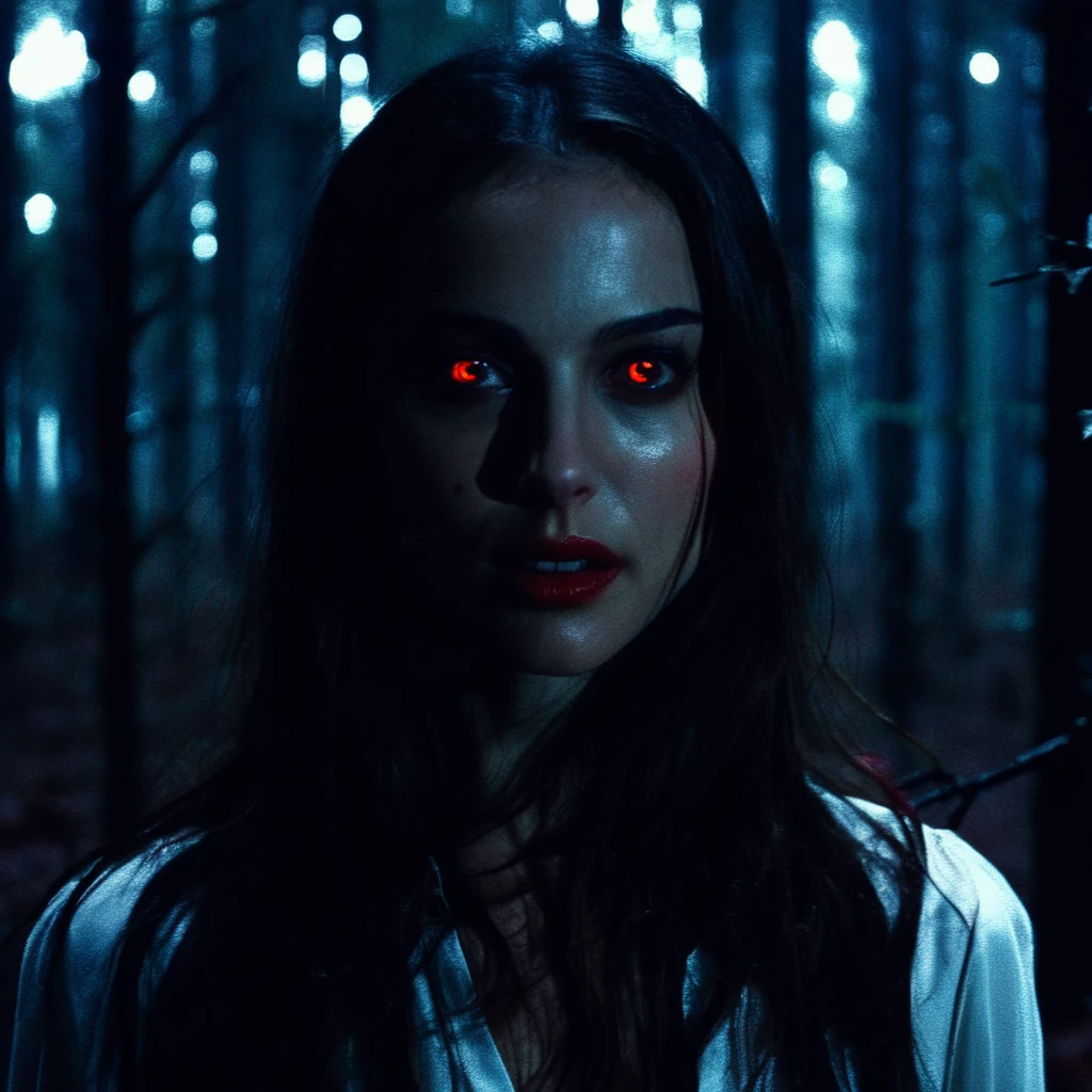 Found footage of a pale vampire woman with glowing red eyes with long straight hair in a spooky forrest, grainy picure, dim lighting, natxportman, <lora:natportman_gpt4_juggernautX_2_wocap-merger_21_65_83_04_02_04-natxportman:1.1>