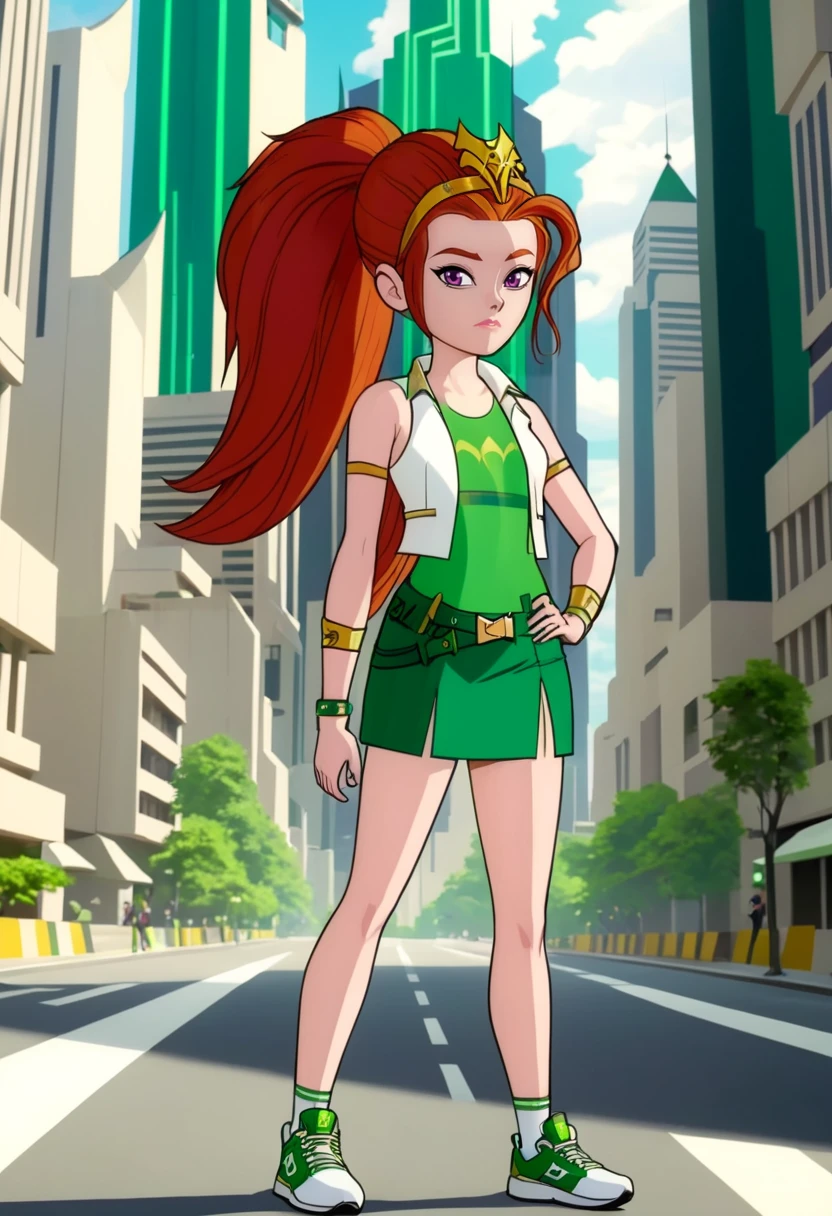 (best quality, masterpiece, absurdres, highres, ultra_detailed, dynamic angle:1.2), arkayna \(mysticons\) casual outfit <lora:mysticons_arkayna_casual_xl:1>, 1girl, ponytail, long red hair, purple eyes, gold armbands, gold tiara, green short skirt, dark green belt, white open mini vest, green and white short shoes, solo, futuristic city, cartoon, cartoon style, (intricate details, hyperdetailed:1.15), (ultrahigh resolution textures), bokeh, (volumetric, cinematic) lighting