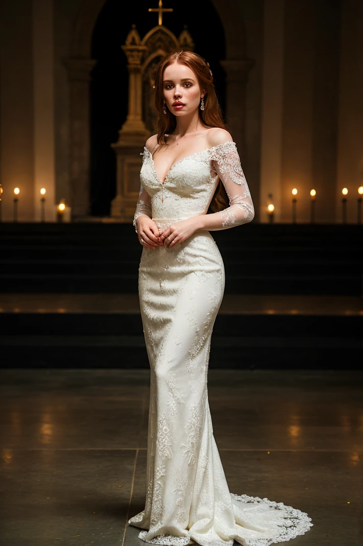 tv_Olya_Abramovich_GMv3, , , clever expression, wearing an ornate wedding dress, elegant makeup, pink lips, standing by the altar, ornately detailed glass mosaic in the background, ((full body shot)),, 8k resolution, highres, high detail, sharp focus, detailed skin, 8k uhd, bokeh, analog photography