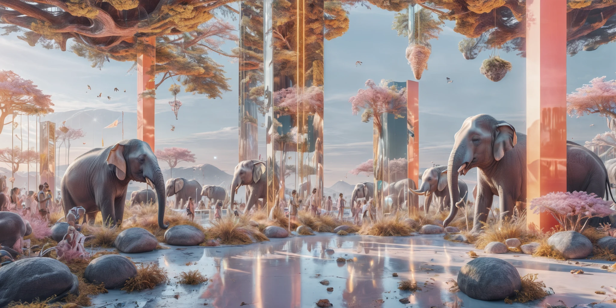 a festival with a stage and a lot of people, elefants in the style of  <lora:unreal_engine_futuristic_mirror_style-000010neu:0.7> unreal engine futuristic mirror