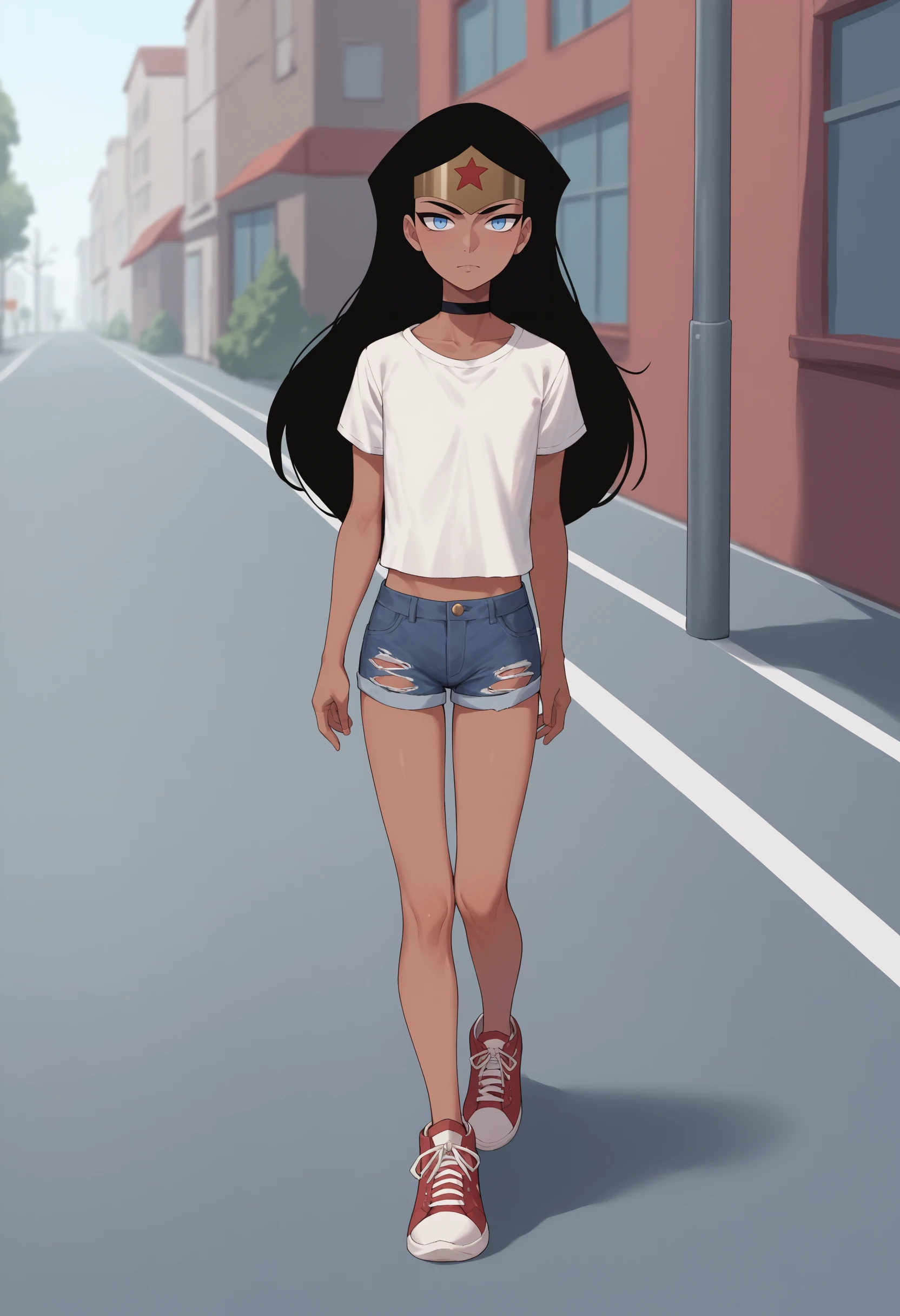 score_9, score_8_up, score_7_up, score_6_up, score_5_up, score_4_up, BREAK, source_anime,
1girl, wonderwoman walking in the street, black hair, long hair, blue eyes, dark skin, flat chest,
chocker, white shirt, denim shorts, sneakers,
solo, full body, looking at viewer, street background   <lora:WonderWomanKidsXL:1>