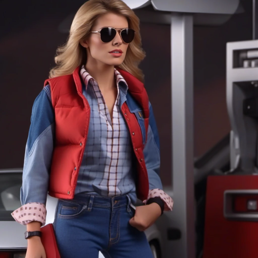 cinematic photo a suprised woman wears a buttondown jean shirt, sunglasses, jeans pants, red vest, look at her watch, back to the future <lora:McFly1024:0.8> . 35mm photograph, film, bokeh, professional, 4k, highly detailed