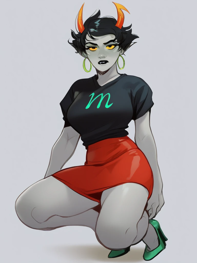 score_9,score_8_up,score_7_up,score_6_up,score_5_up,score_4_up,kanaya,horns,grey skin,short hair,black hair,black shirt,green symbol on shirt,black lipstick,yellow sclera,hoop earrings,1girl,solo,<lora:Kanaya_Homestuck-000012:0.9>,<lora:Lilandava_PDXL:1>,lilandavastyle,full body,eyes are black pupils,high heels, red skirt, curvy