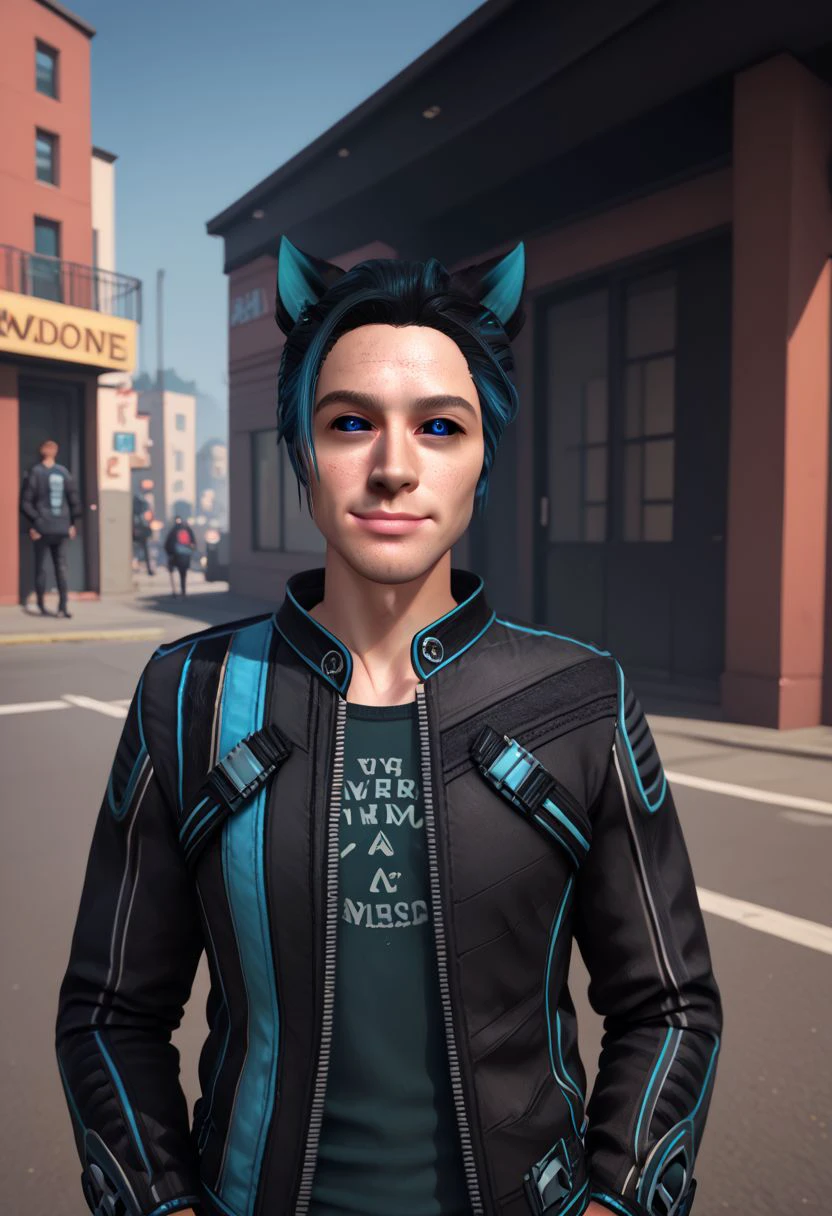 Maverick Ellis Rowe,  solo, looking at viewer, smile, short hair, blue eyes, shirt, black hair, 1boy, animal ears, jacket, upper body, outdoors, open clothes, cat ears, open jacket, black jacket, realistic, hands in pockets, colored sclera, black sclera, two tone hair, blue hair, PonyXLV6_Scores zPDXL