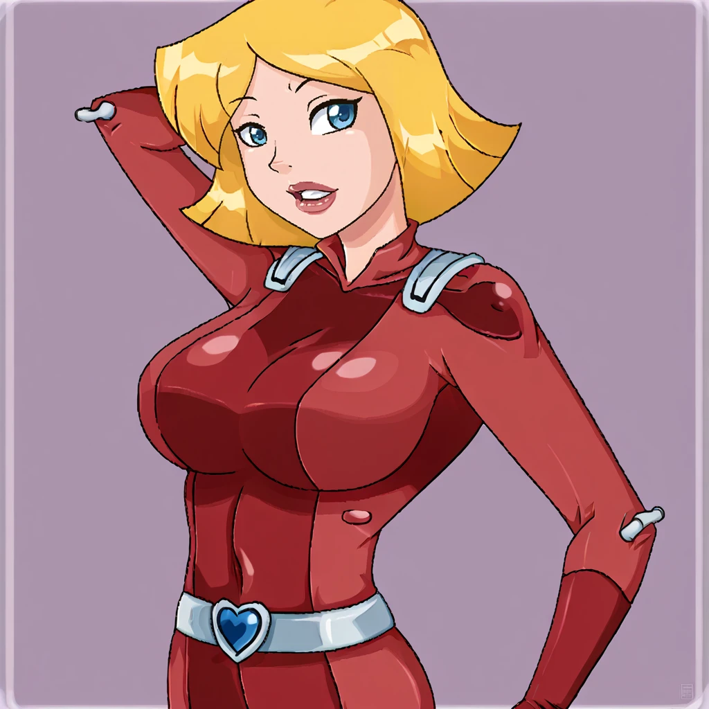 score_9,  large breasts, <lora:MindsEdge_XL:1> mindsedge, e!, portrait,    <lora:brj-clover-ponyXL-v0.6:1> clover \(totally spies\), blonde hair, short hair, blue eyes,  || red bodysuit, belt,