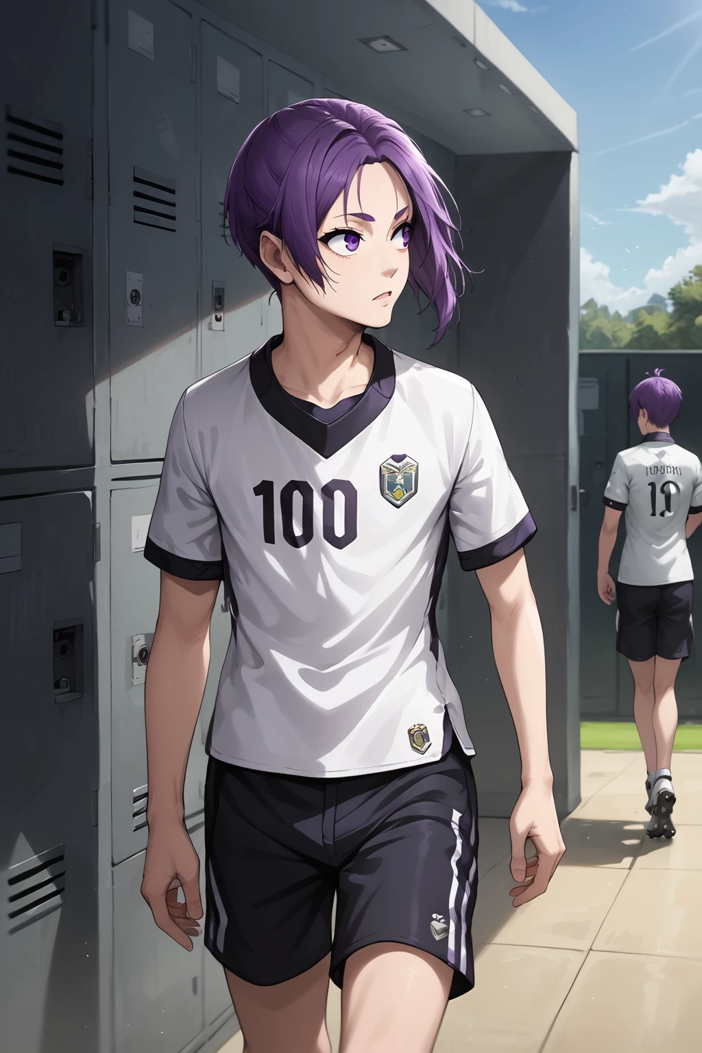 score_9, score_8_up, score_7_up, source_anime, BREAK, 1boy, bishounen, pale skin, (looking to the side, three quarter view:1.4), BREAK, purple hair, purple eyes, (skinny:1.1), soccer uniform, detailed eyelashes, detailed eyes, broad shouldered, BREAK, cowboy shot, outdoors, locker room, day, running, boy, mikage_reo<lora:EMS-342536-EMS:0.800000>, <lora:EMS-18850-EMS:0.800000>, <lora:EMS-358553-EMS:0.800000>