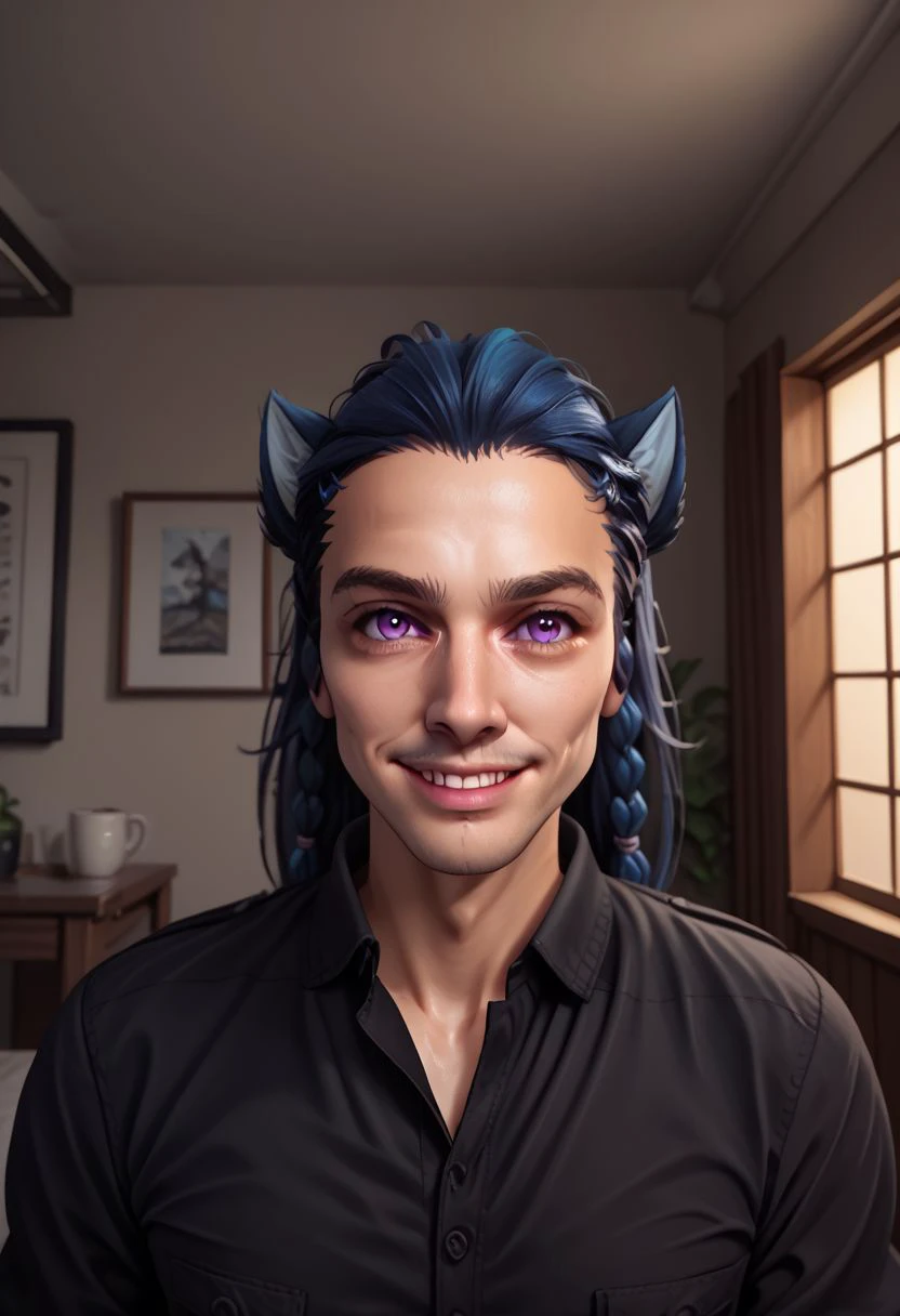 Tobias X'voor, solo, long hair, looking at viewer, smile, 1boy, animal ears, male focus, blue hair, purple eyes, braids,  black shirt, indoors, upper body, portrait, PonyXLV6_Scores zPDXL