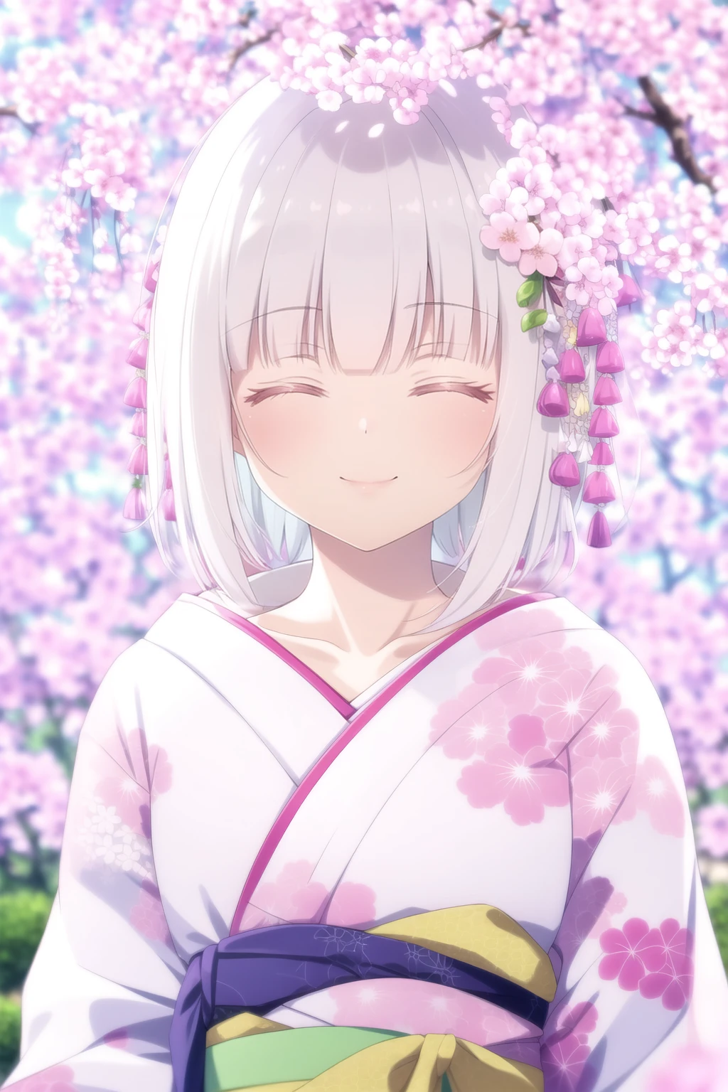 masterpiece, best quality, 1girl, solo, blush, smile, short hair, bangs, hair ornament, closed mouth, collarbone, closed eyes, upper body, flower, white hair, sidelocks, outdoors, japanese clothes, day, virtual youtuber, hair flower, blunt bangs, kimono, blurry, sash, depth of field, blurry background, ^ ^, obi, floral print, cherry blossoms, portrait, facing viewer, pink flower, backlighting, colored eyelashes, white kimono, print kimono, pink kimono, kanzashi